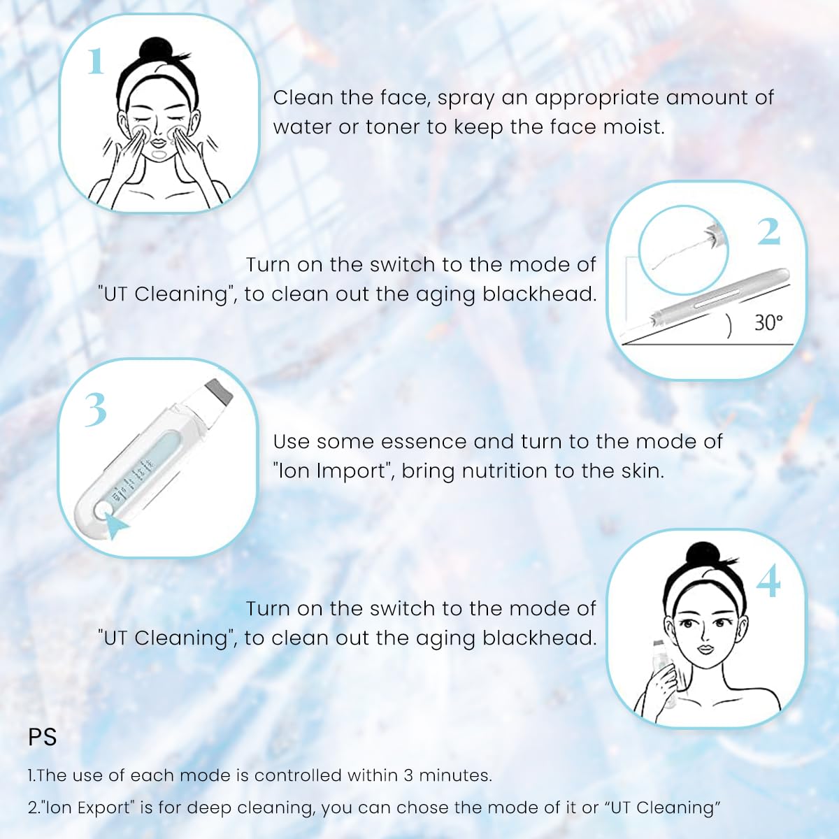 HANNEA Ultrasonic Face Skin Scrubber Machine, EMS Beauty Machine Skin Spatula with 4 Modes, Pore Cleaner, Face Lifting Machine, USB Rechargable Facial Scrubber, Face Spatula for Daily Skin Care