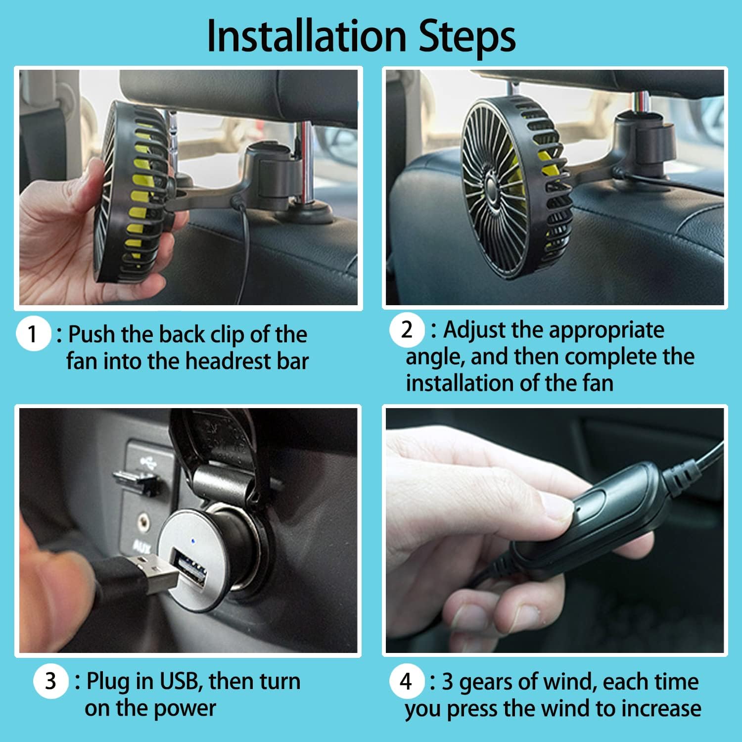 HASTHIP® 2 Pcs USB Fan with 3 Speed, Switch Controller, USB fan for Baby, Back Seat Passengers for Car Back Seat, Rotatable USB Fan with USB Cable, Headrest Mounted 5V Mini Fan