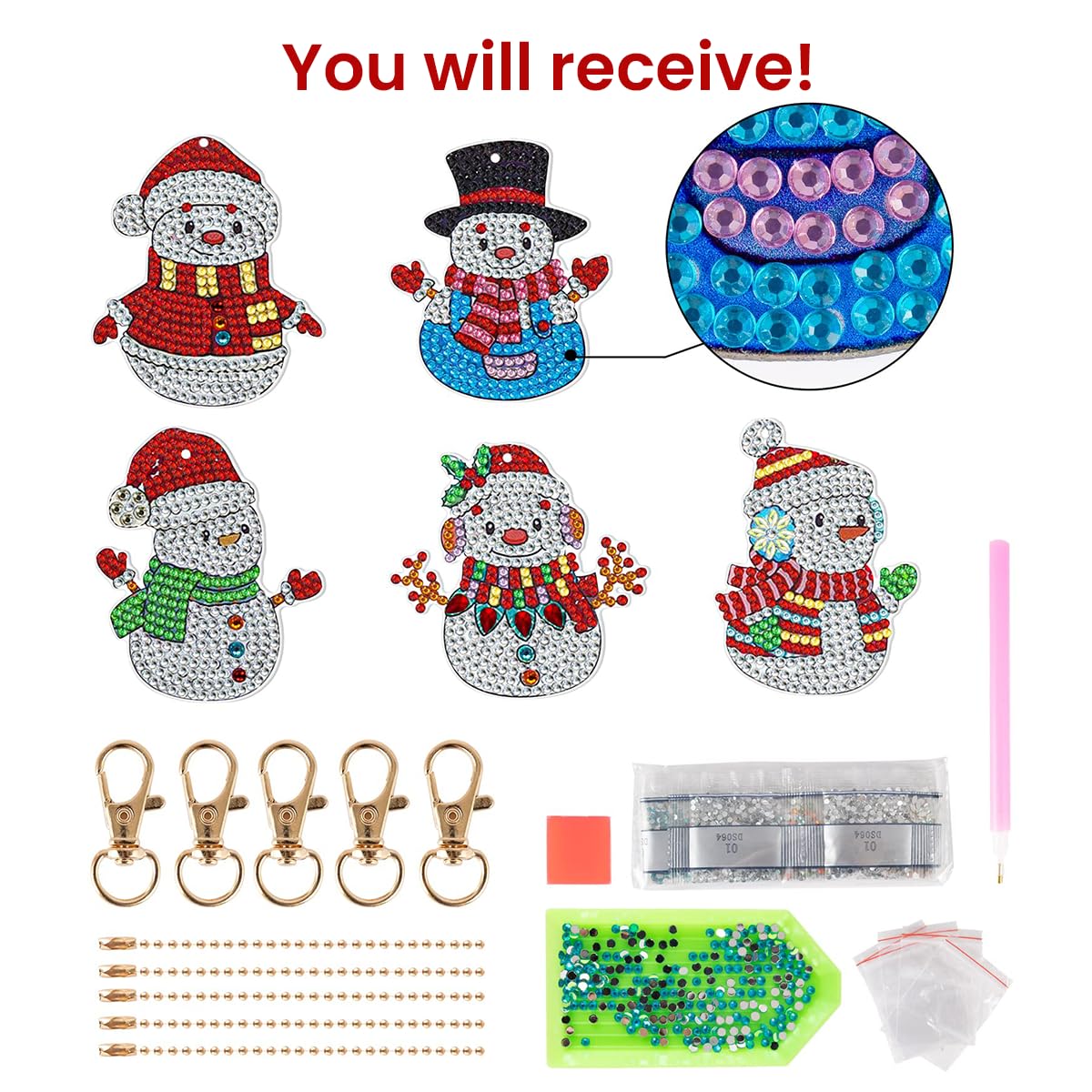 HASTHIP Christmas 5D Diamond Painting Keychain Decorative Accessories Christmas Diamond Painting Pendant Snowman Keychain Home Key Student Bag, Christmas Gifts