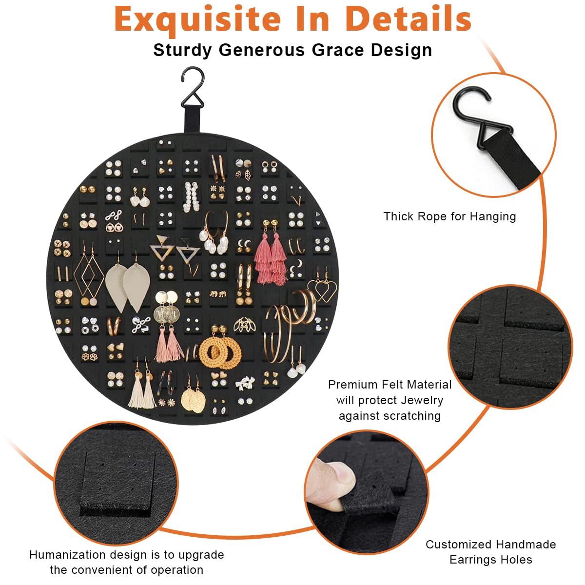HASTHIP Earrings Organizer Hanging Earrings Holder Hanger Wall Mount Soft Felt Round Earring Stand for Display Jewelry Organizer - Hold up to 200 Pairs Earrings, Dark Grey