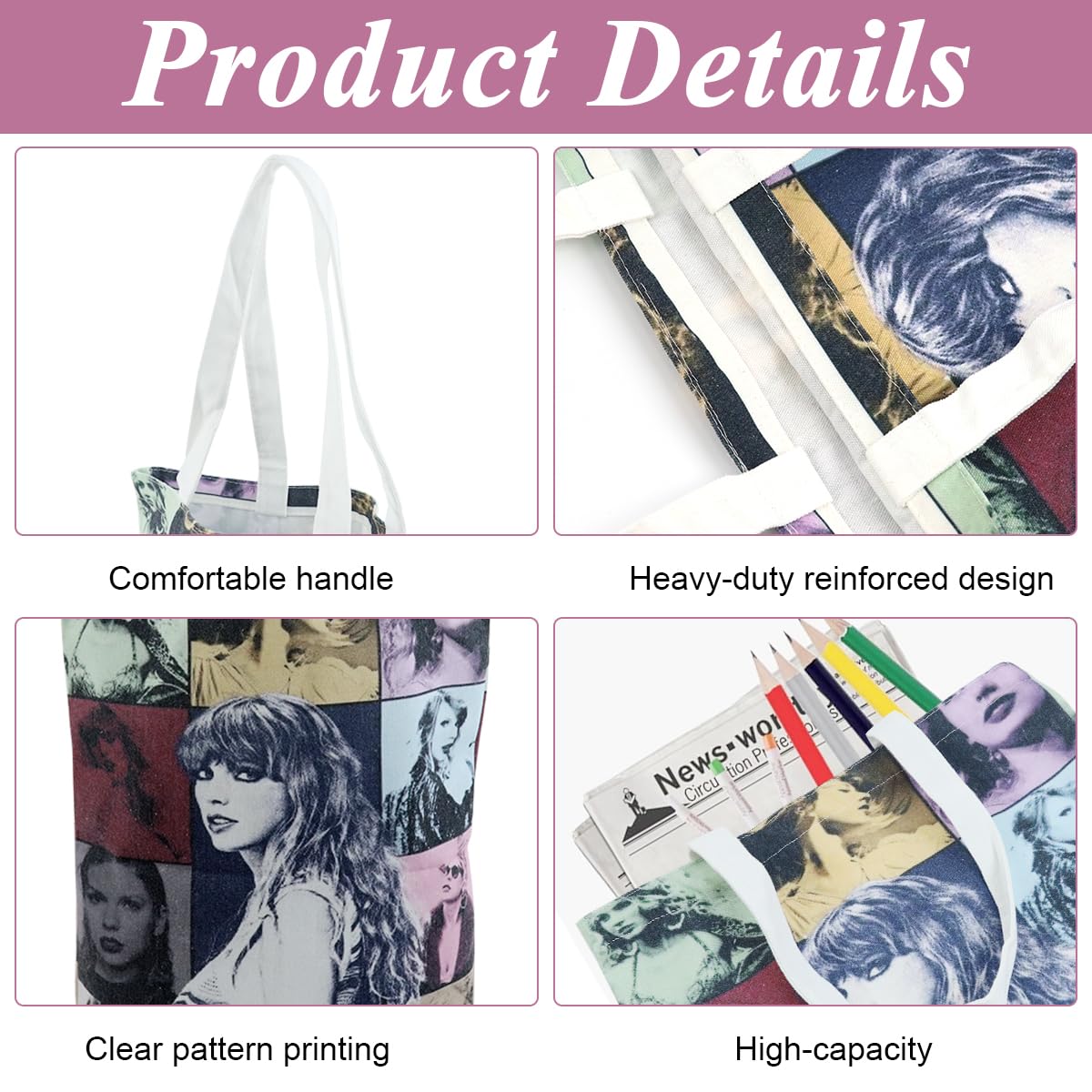 PALAY Girls Tote Bag Taylor Swift Print Canvas Bag Cartoon Picture Print Shopping Bag Zipper Bag Book Bag Taylor Swift Fans Merchandises