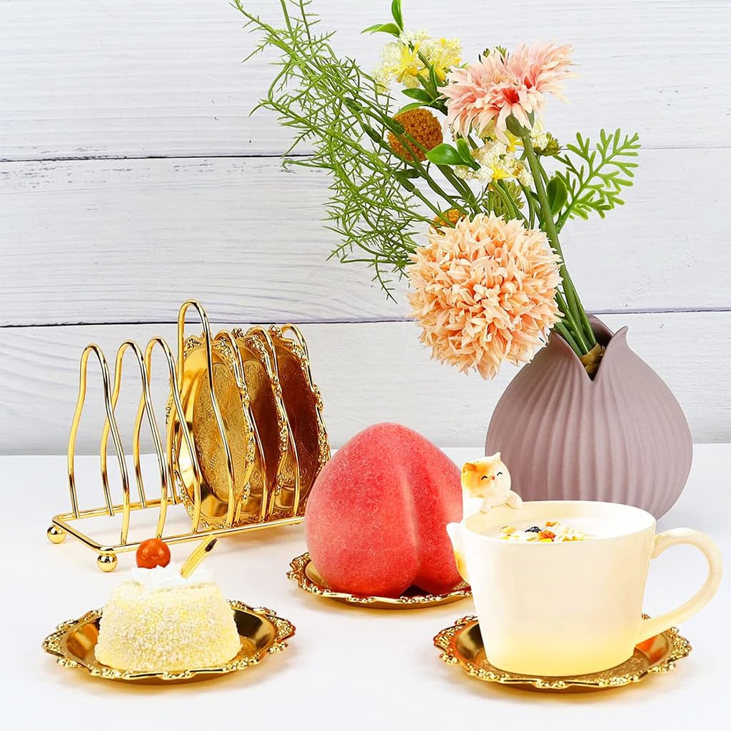 Supvox Set of 6 Small Dessert Plates 3.9 inches Golden Dessert Plates with Golden Metal Stand Luxury Golden Embossing Dessert Plates for Party, Banquet, Birthday, Festivals
