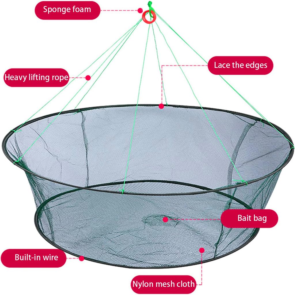 Proberos Foldable Fishing Net, 39 Inches Wide Open Hand Casting Cage Crab Net, Fishing Basket, Sturdy Nylon Mesh Fishing Net for Shrimps, Crab, Lobsters, Fishes