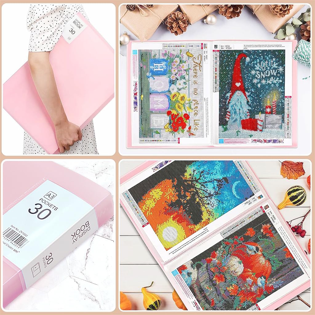 HASTHIP A3 30 Pages Diamond Painting Storage Book for Diamond Painting Kits, Clear Folder Storage Bag, Art Portfolio Painting Storage Book for Diamond Painting Kit, 16.9X12.6inches (Pink)