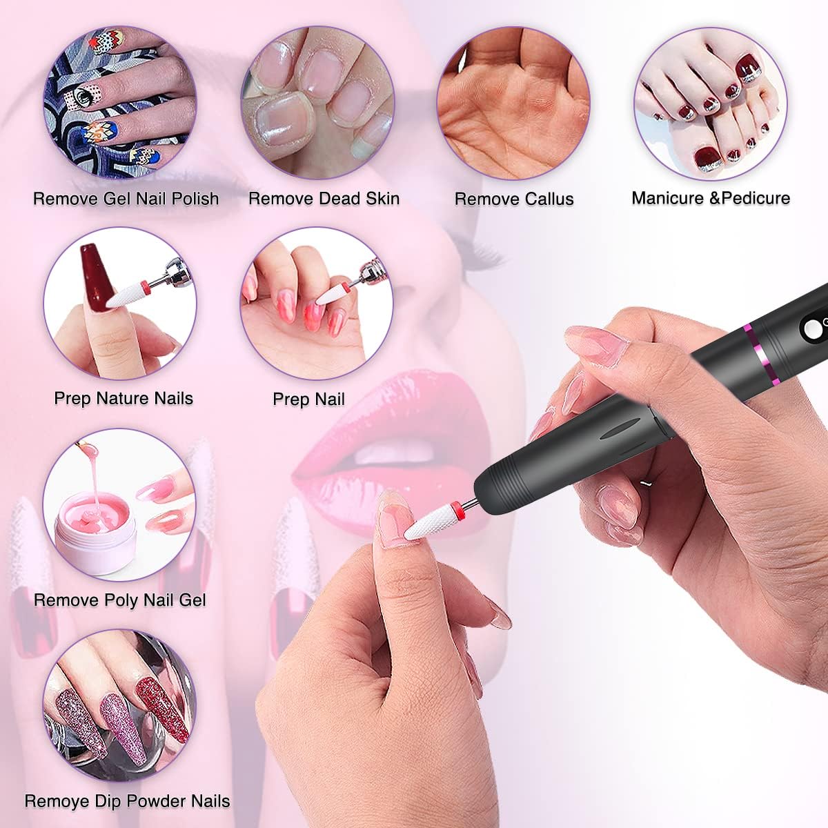 MAYCREATE Nail Drill Machine with Drill Bit 3 Speeds USB Nail Drill Machine for Acrylic Gel Nail, Salon Nail Drill Machine Portable Manicure Pedicure Drill for Nair Art, DIY Nail Extension