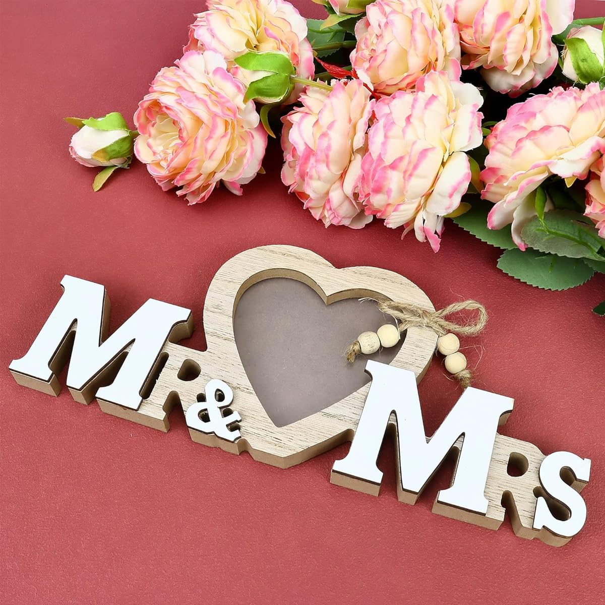 HASTHIP Mr and Mrs Photo Frame Wedding Gifts for Bride Groom Wood Love Heart Wedding Decorations Holder Romantic Tabletop Picture Newlywed Anniversary Engagement Party Decoration