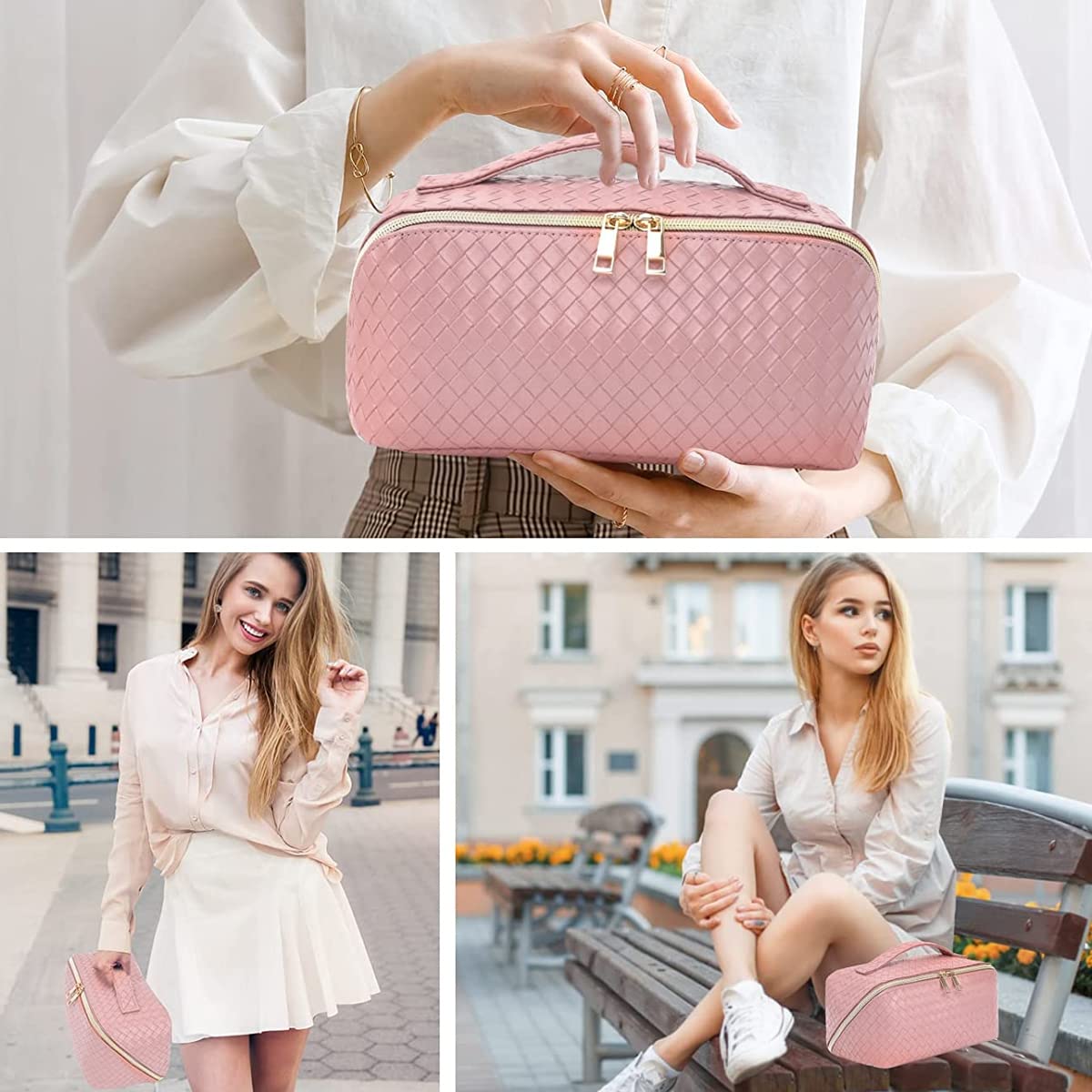MAYCREATE Large Capacity Cosmetic Travel Bag, Cosmetic Pouch PU Waterproof Design with Handle and Divider, Wide Opening Cosmetic/Makeup Organizer Bags for Women