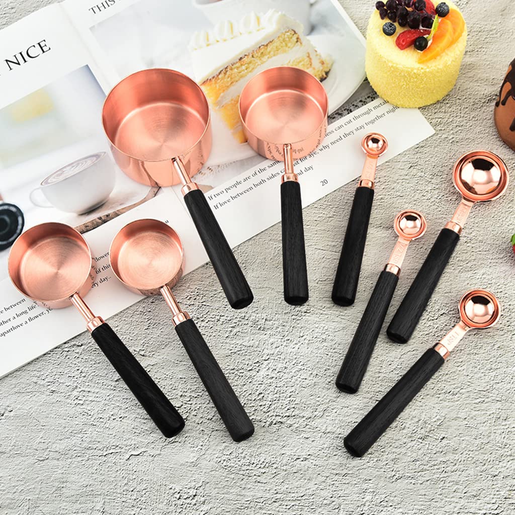 HASTHIP 8pcs Measuring Cup and Spoons Set, Stainless Steel Measuring Cup with Wood Handle for Kitchen/Food/Liquid/Baking