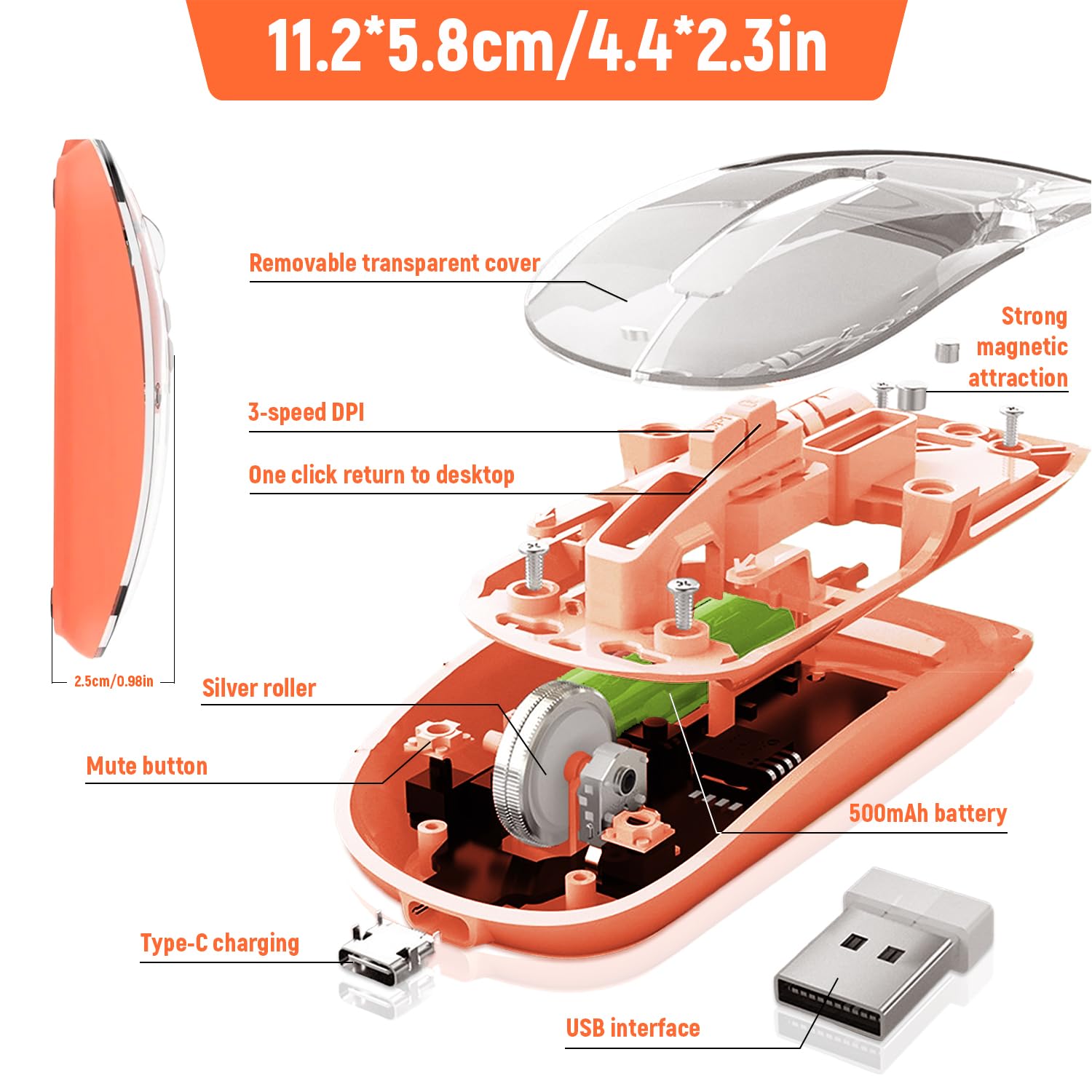 Verilux USB Wireless Bluetooth Mouse Dual-Mold 2.4GHz Gaming Wireless Mouse Silent Wireless Mouse Adjustable DPI Design Fashion Transparent Bluetooth Wireless Mouse for PC, Laptop