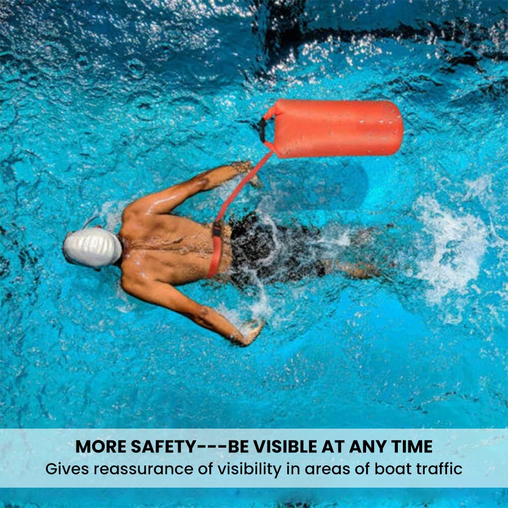 Optifit Swim Buoy with Adjustable Belt for Open Water Swimmers, TPU Floating Air Bag for Triathletes Kayakers Snorkelers, Waterproof Dual Air Storage Bag and Drybag for Safer Swim Training