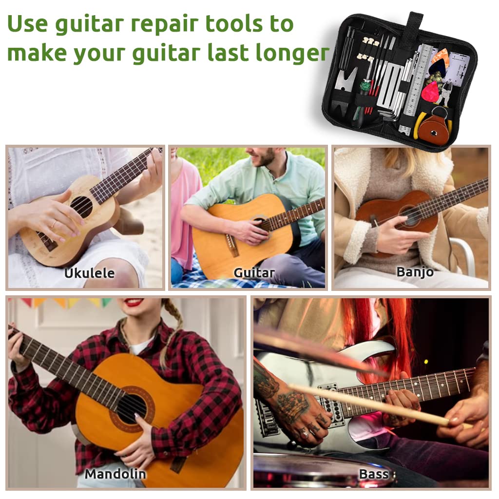 Serplex 26Pcs Guitar Repair Tool Kit Guitar Maintenance Kit with Wire Plier String Organizer Fingerboard Protector Hex Wrenches Files String Action Ruler for Electric Guitar, Ukulele, Bass Banjo