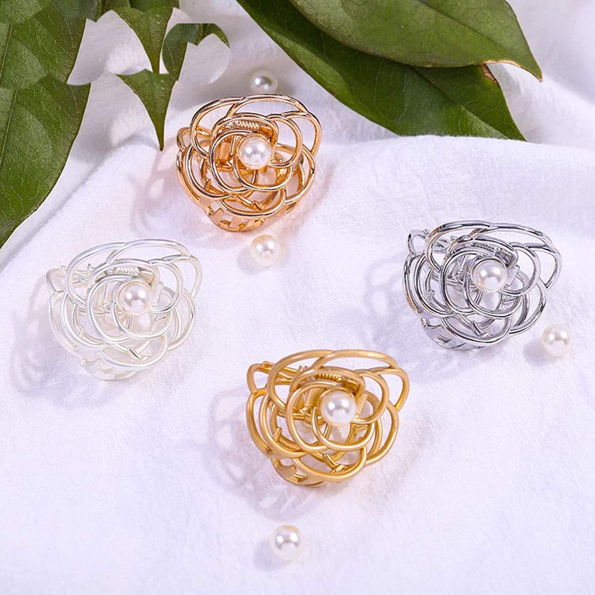 PALAY 4 Pcs Small Hair Clips for Women Stylish Latest Rose Flower Metal Hair Claw Clips, 1.4 Inch Cute Pearl Gold Silver Jaw Clamp, Nonslip Fancy Horsetail Clip Hair Accessories Girls Gift