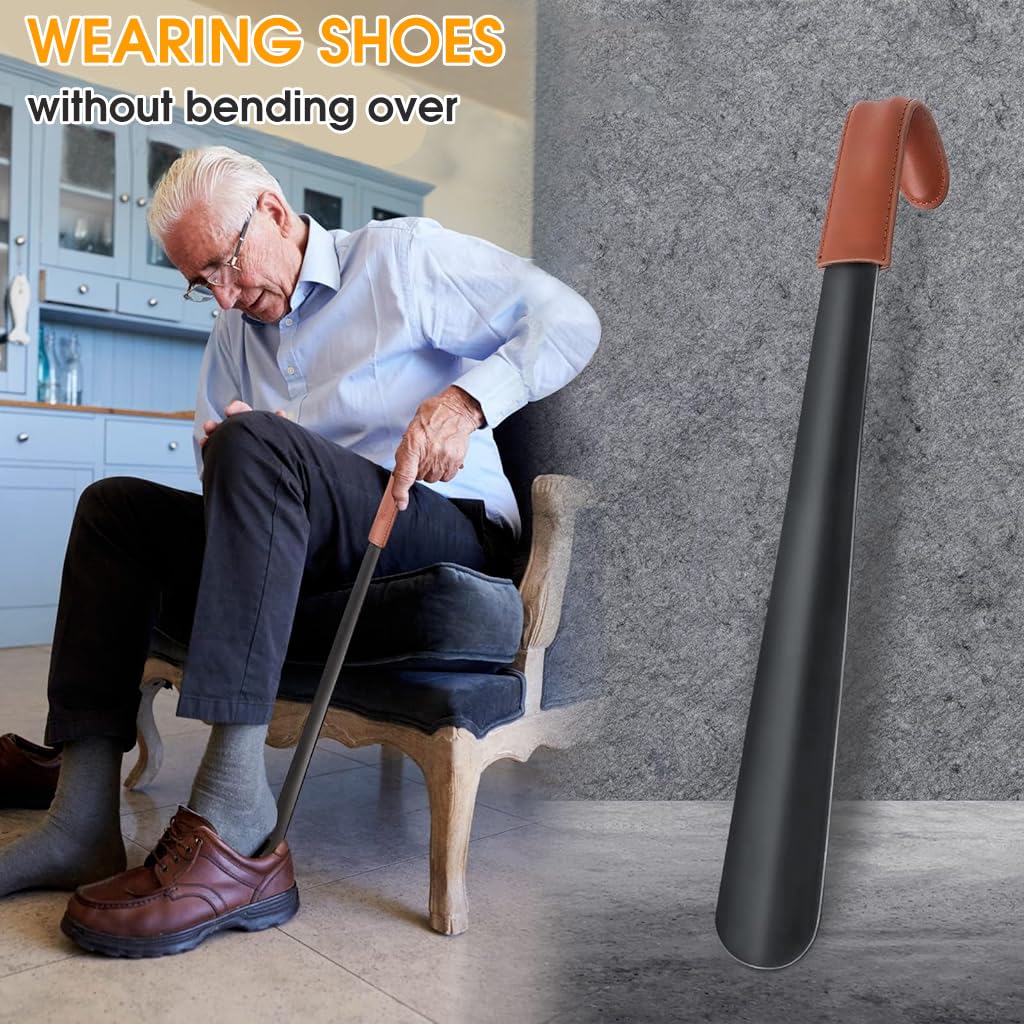 PALAY Shoe Horn for Men Long Handle Shoehorn Stainless Steel 16.5 In Shoespooner with Leather Handle Cover for Seniors, Pregnant Women, Kids - Hanging Design