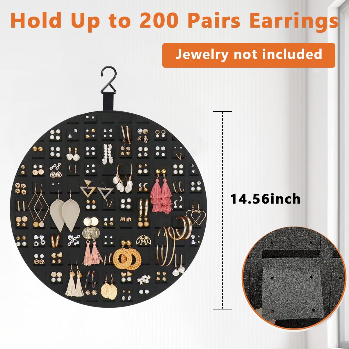 HASTHIP Earrings Organizer Hanging Earrings Holder Hanger Wall Mount Soft Felt Round Earring Stand for Display Jewelry Organizer - Hold up to 200 Pairs Earrings, Dark Grey