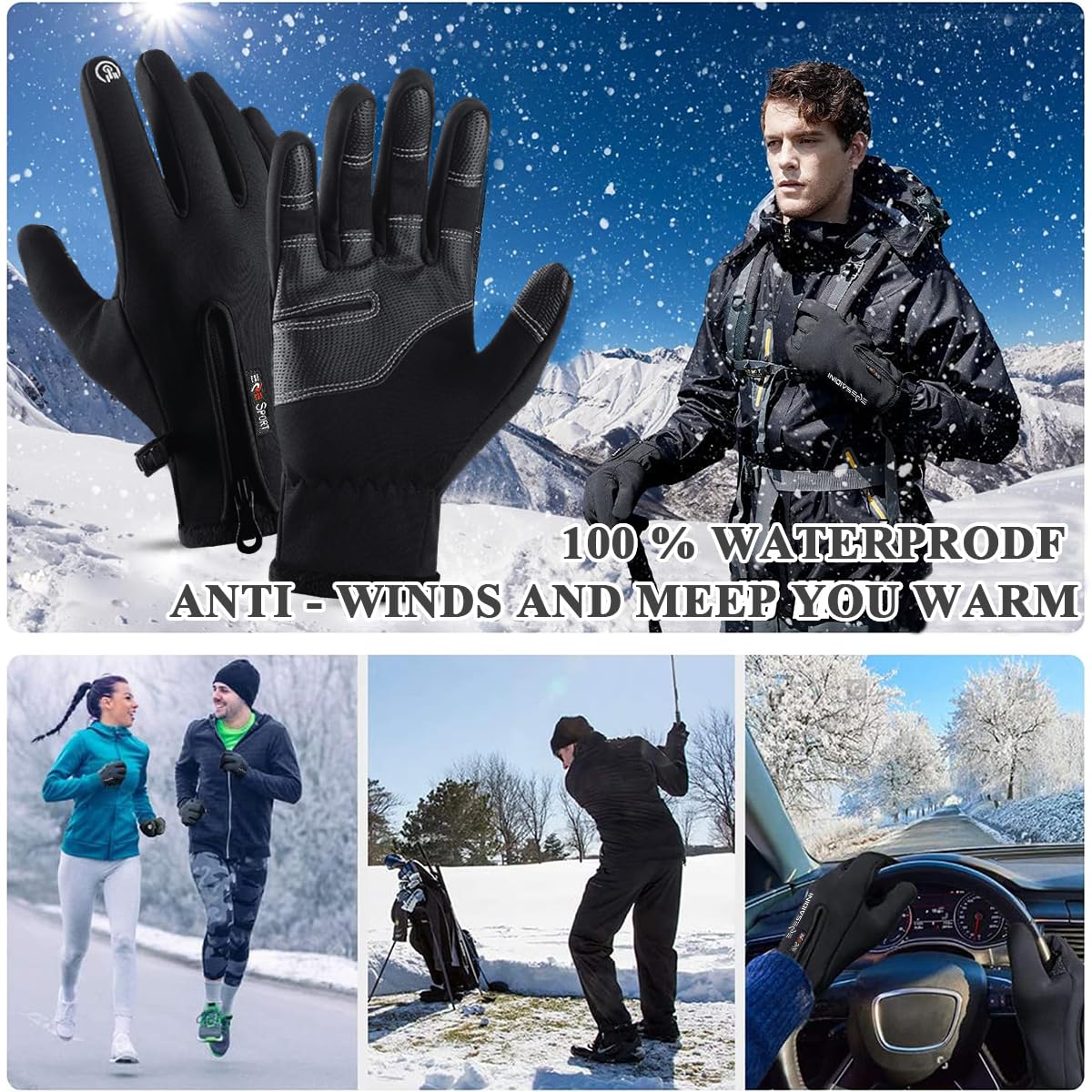 GUSTAVE Winter Cycling Gloves For Men,Riding Gloves Finger Gloves,Gloves For Men Winter Warm Touchscreen Thermal Fleece Lined (Black L), Large