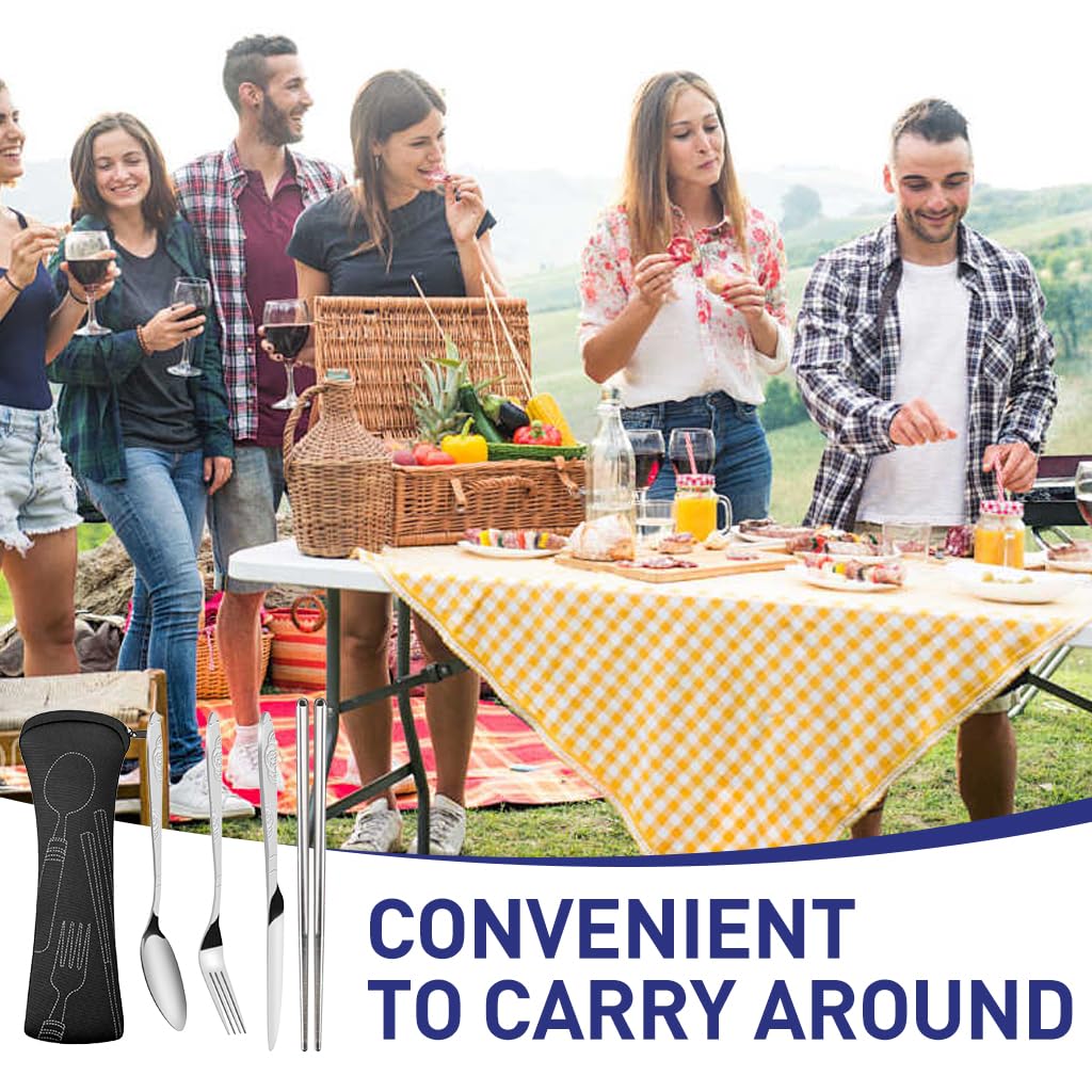 ZIBUYU 4 Pieces Flatware Sets Knife, Fork, Spoon, Chopsticks, Rustproof Stainless Steel Tableware Dinnerware with Carrying Case for Traveling Camping Picnic Working Hiking