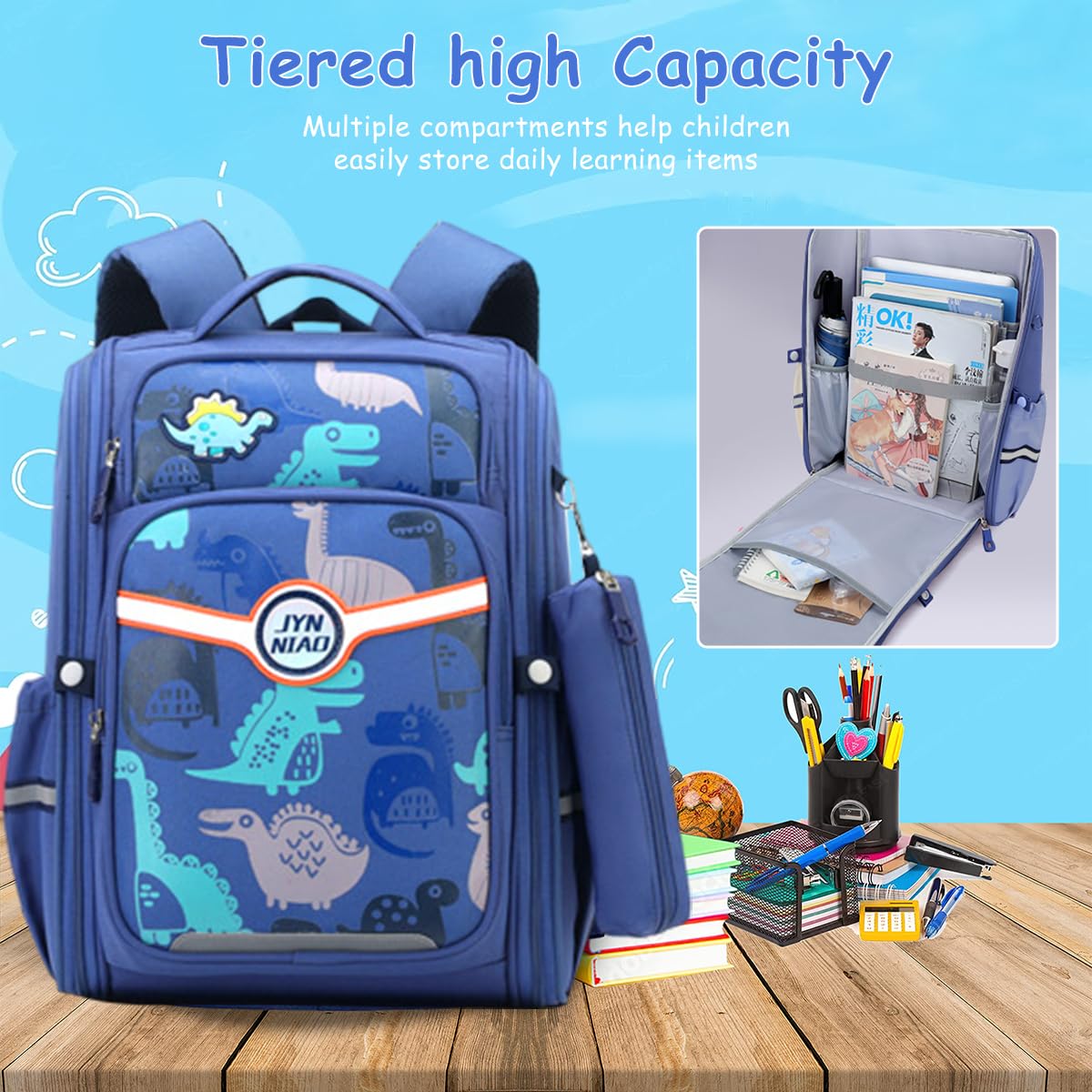 PALAY School Backpack for Boy Backpack on Wheel SchoolBoy 6-12 Years Old Waterproof Cartoon Print Boys Backpack with Detachable Wheel Stand Lightweight Travel Backpack for Kids