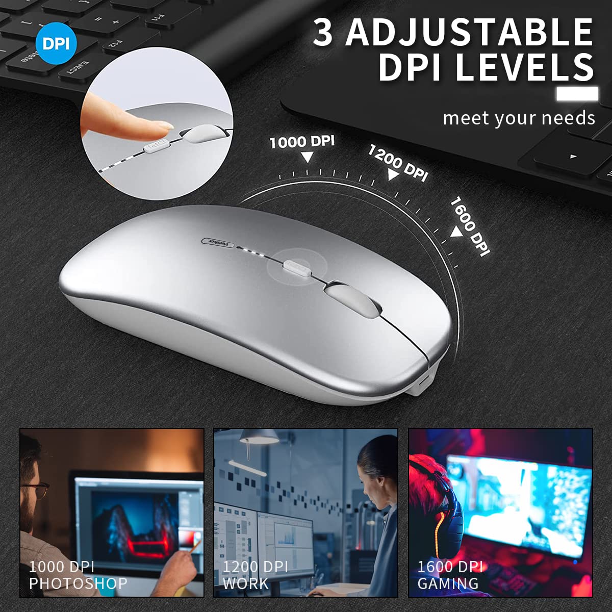 Verilux Wireless Mouse Rechargeable, Upgraded Ultra Slim 2.4G Silent Cordless Mouse Computer Mice 1600 DPI with USB Receiver for Laptop PC Mac MacBook, Windows (Space Sliver+ Battery Level Visible)