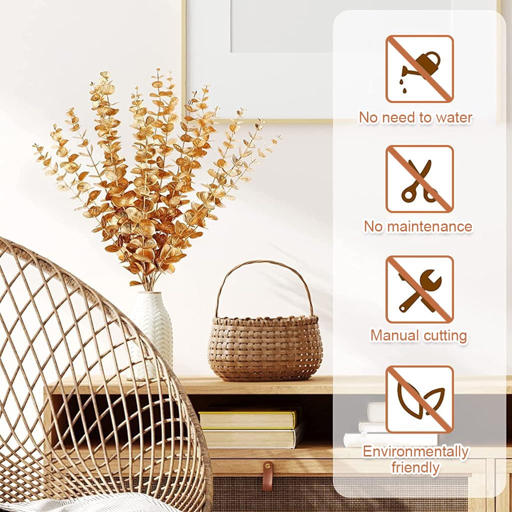 HASTHIP 20Pcs Golden Eucalyptus Leaves Artificial Plants for Home Decor, Fake Leaves Artificial Leaves Branches Artificial Flowers for Wedding, Arrangement, Room Decoration, 16