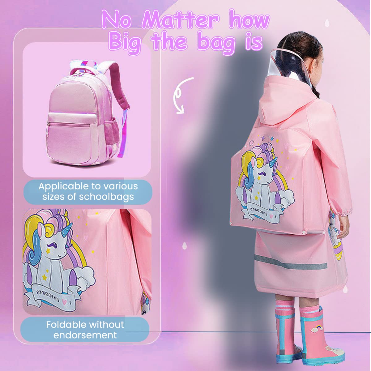 PALAY Raincoat for Kids Boys Girls with Pockets, EVA Hooded Raincoat with School Bag Rain Cover, Unicorn Printed Kids Rain Coat (XL, 115-130cm)