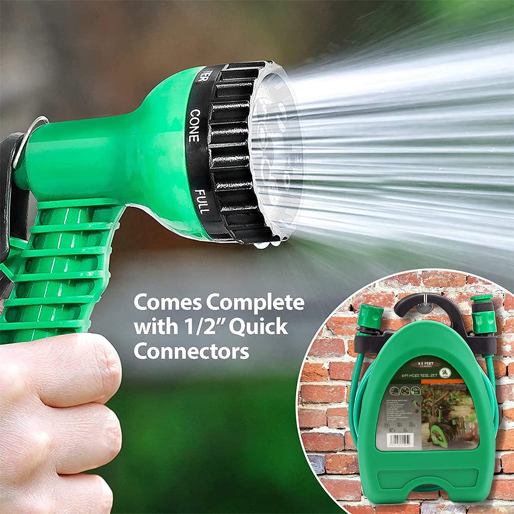 Optifit 10m Garden Hose Kit with Sprayer, Stand-Up Hose Rack and Quick Connector, Water Sprayer with 7 Spray Mode, Spray Gun Water Hose with Reel Rack for Home Garden Car Washing Pet Bathing