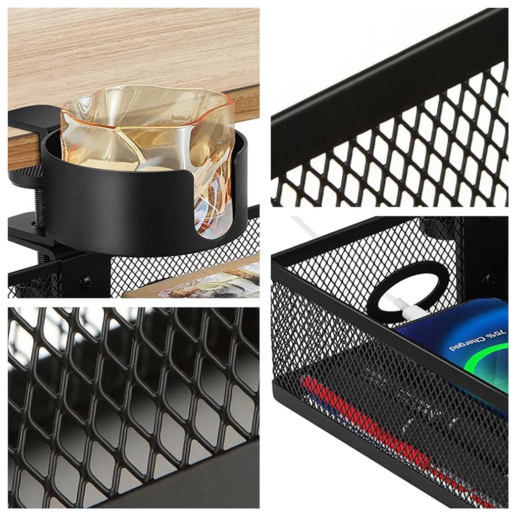 Climberty® RHBLME Black 360-Degree Under Desk Organizer with Cup Holder, Clamp-on Swivel Pencil Drawer Desk Hidden Extra Sturdy C-Clamp Mount System, Strong and Durable