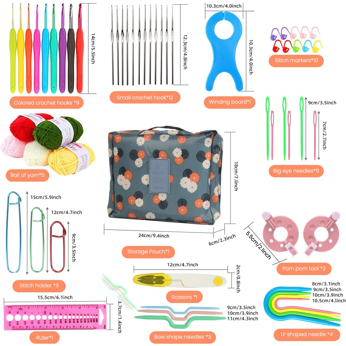 HASTHIP Crochet Needle Kit 107Pcs Crochet Knitting Needle Kit with Carry Bag DIY Crochet Needle Kit with Tools & Accessories Comprehensive Crochet Needle Kit for Beginners & Professionals