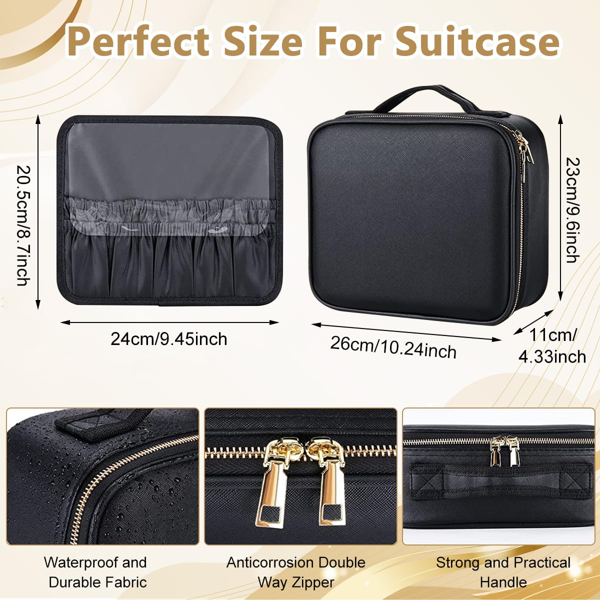 MAYCREATE Travel Makeup Organizer Pouch with 4K Vanity Mirror & LED Fill Light(3 Modes, Stepless Dimming), Cosmetic Brushes Storage Bag Case- Adjustable Dividers, Waterproof