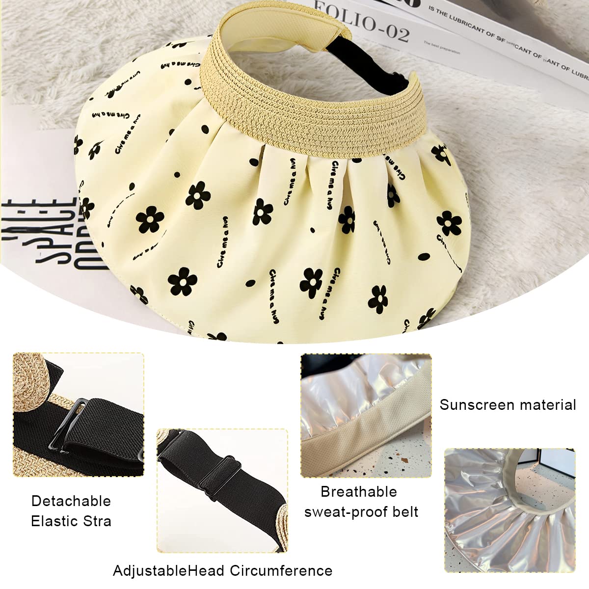 PALAY Sun Hat for Women Foldable Fashion Sun Caps for Women Ponytail Visor Hat Summer Beach Cap, UV Protection Flower Patterns Wide Cotton Brim Woven Straw Headband Hats Beige