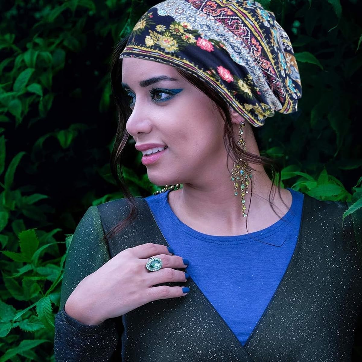 PALAY Hijab Caps for Women, Floral Print Chemo Cap Slouchy Beanie Cap for Women, Fashion Hip-Hop Skull Dwarf Hats, Boho Soft Running Head Scarves for Teen Girls - All Season Use Blue