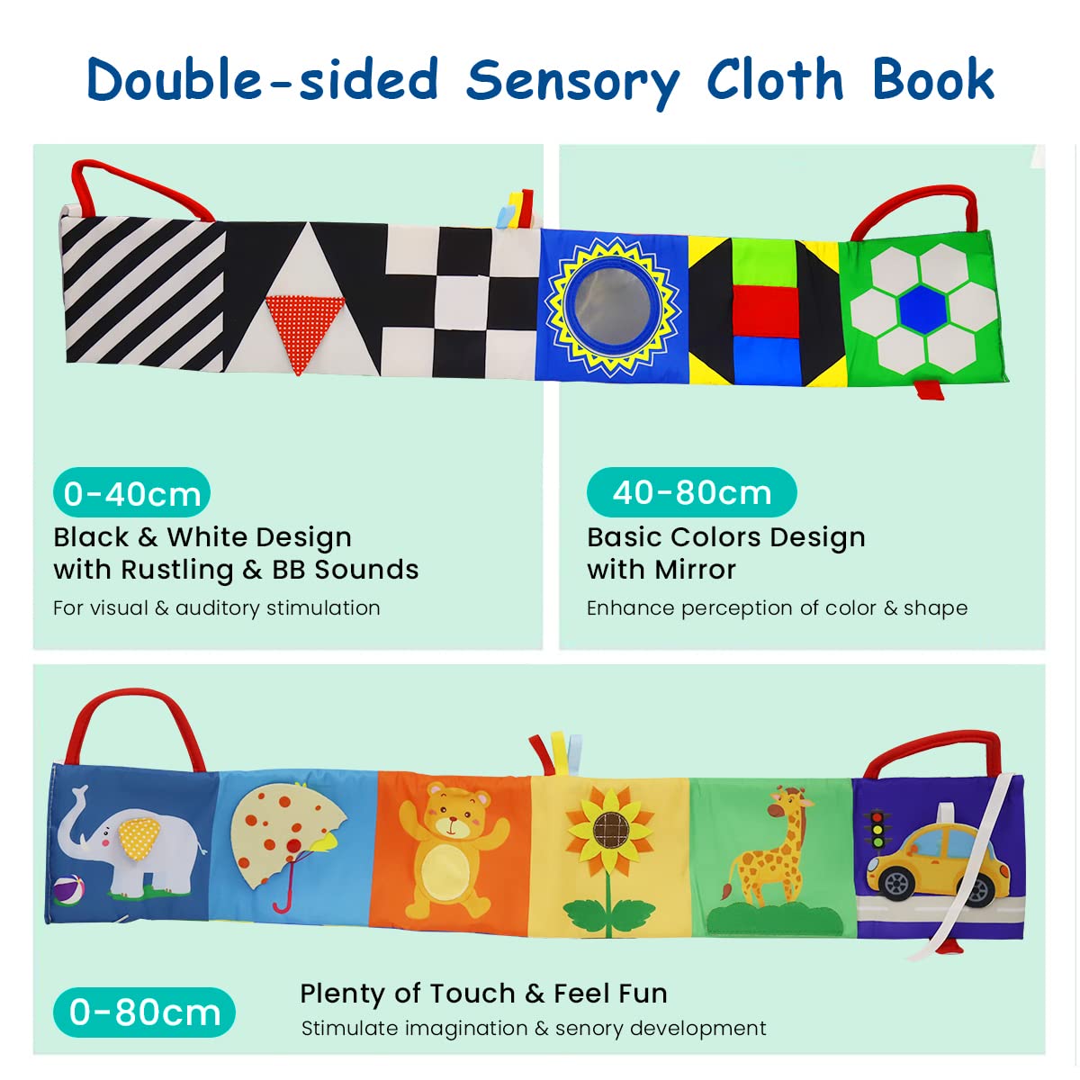PATPAT® Cloth Books for Babies, Baby Cloth Book Double Side Infant Tummy Time Toy Tear Resistance Hangable Cloth Book On Cradle for Toddler Visual Development Toy for Toddler 6-12 Month Toys