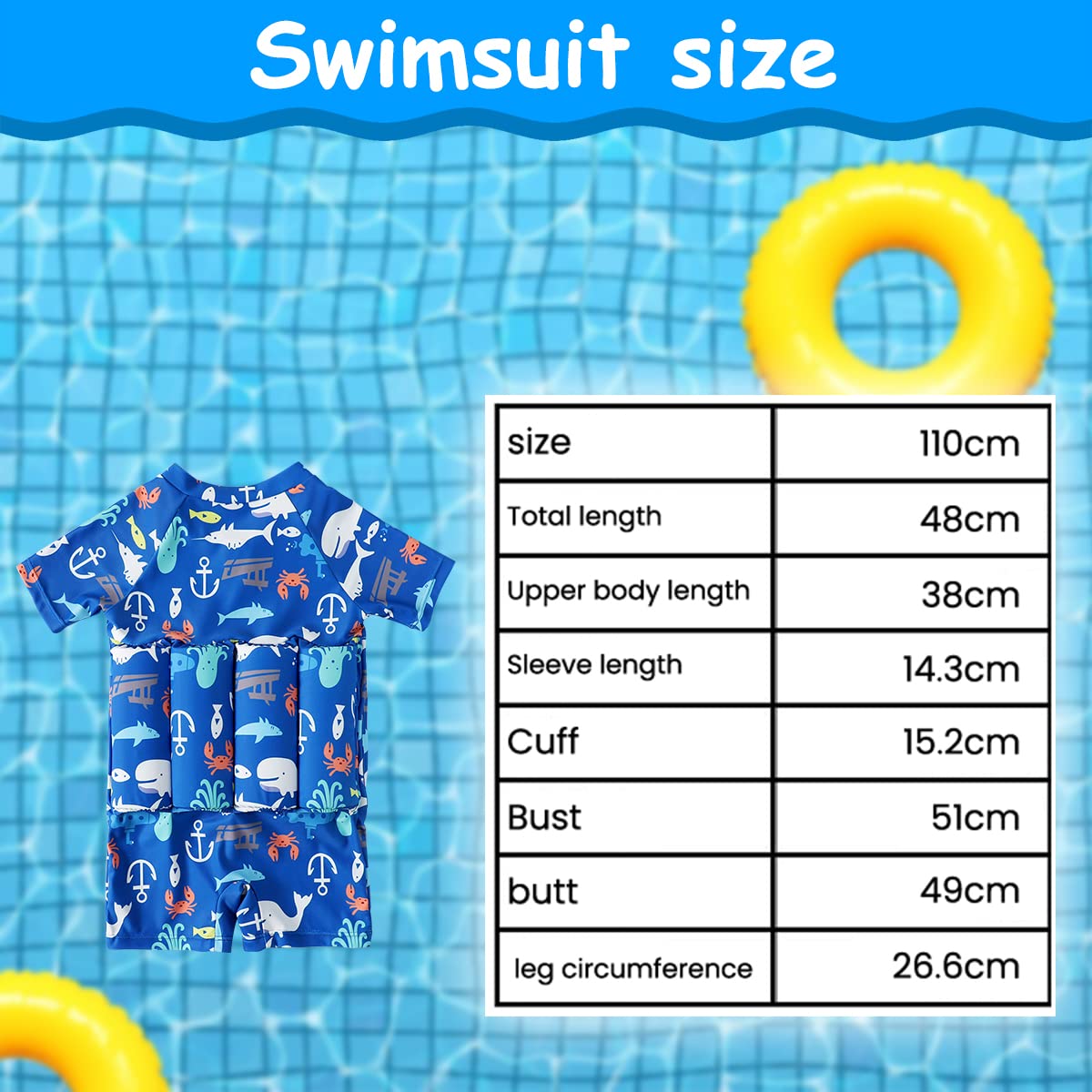 Proberos Swimming Costume Set for Kids with Swimming Cap and Detachable Life Jacket, Swim Suit for Boys Girls Height 100-110cm, Weight Below 25kg Blue