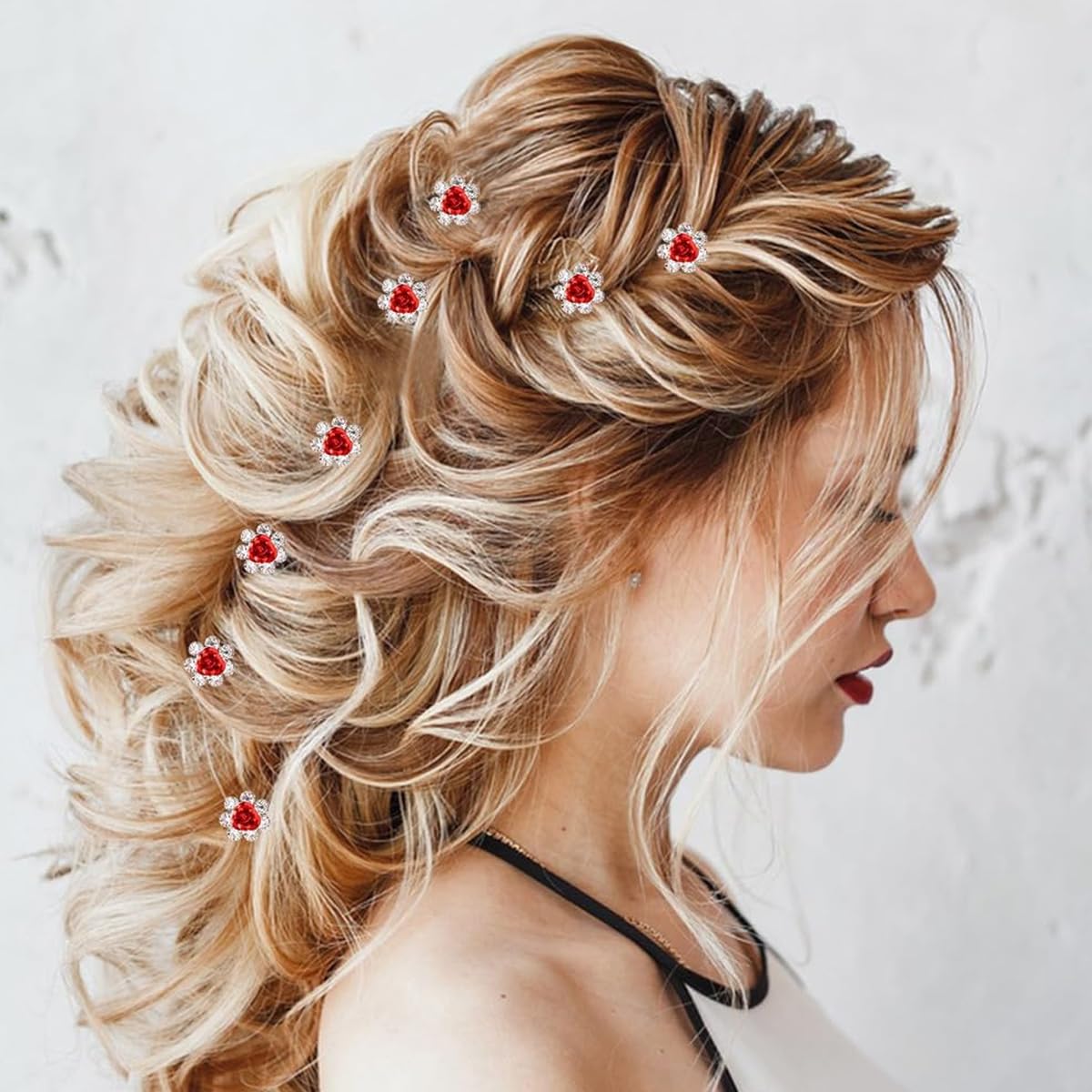 PALAY 20Pcs Hair Pins for Women Stylish Rose Flower Bridal Hairpin Crystal Hair Stick for Bun Red Rose Juda Pins for Hair Bun Fancy Wedding Hair Bun Pin for Women Girls Bridesmaids