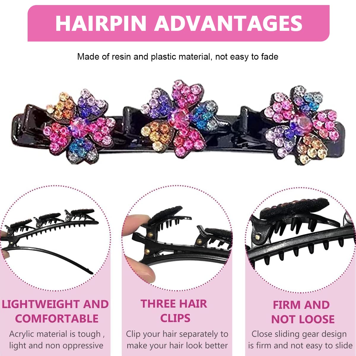 PALAY 4pcs Sparkling Braided Hair Clips for Women Girls Crystal Stone Hair Braid Accessories Fashion Hairpins Hair Styling Sectioning Clips for Thick Hair