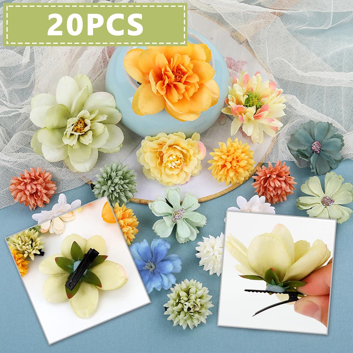 PALAY 20pcs Flowers Hair Clips for Women Girls, Bohemian Rose Hair Barrettes Set, Chiffon Floral Headpiece, Bridal Hair Accessories for Wedding, Party, Photography