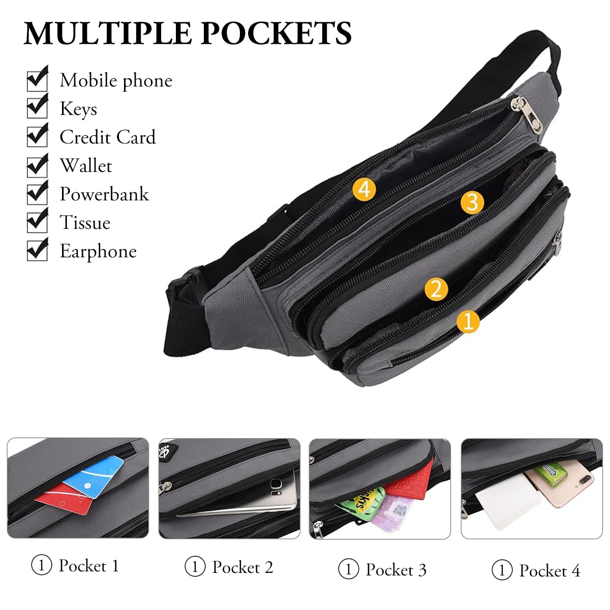 GUSTAVE Waist Bag for Men Crossbody Chest Bag with 4 Zipper Pouches, Adjustable Waterproof Lightweight, Multi-Functional Fashion Design, Ideal for Travel and Daily Commute, 30x7x14cm