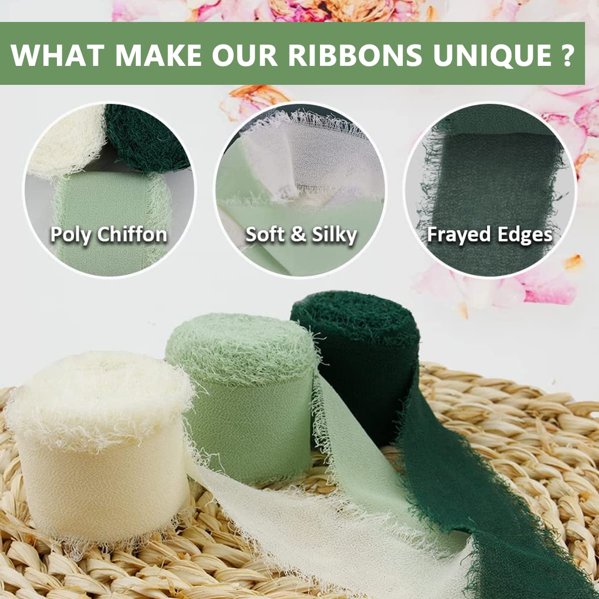 HASTHIP 3 Rolls Chiffon Ribbon Fringe Chiffon Silk-Feel Ribbons, Cream & Green Ribbons Set for DIY Craft, Wedding Decoration, Bridal Bouquets, Gifts Wrapping (1.5