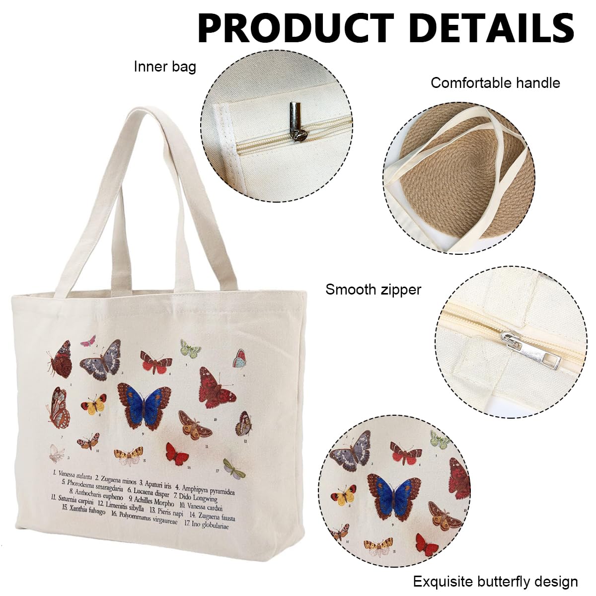 PALAY Canvas Tote Bag Large Bookbag Creative Butterfly Print Tote Bag Zip Lock Grocery Bag Shopping Bag Reusable and Washable Canvas Hand Bag for Girls Women