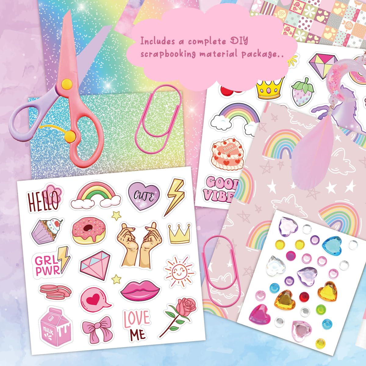 PATPAT 150+Pcs DIY Scrapbook Kit for Girls Cartoon Unicorn Themed Scrapbook Journal Sticker Gift Box Journal Stickers Cute Diary Supplies Kit Art and Craft Kit Birthday Gift for Girls