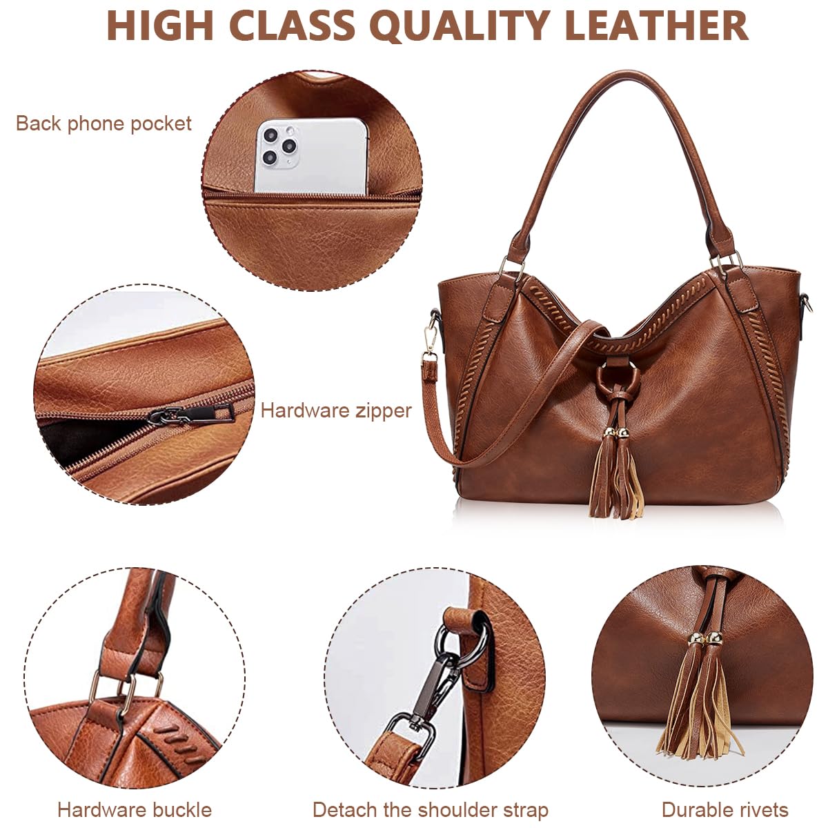 PALAY Tote Bags for Women Handbag Large Capacity Retro Vintage Tote with Shoulder Strap Tassel Decor Handbag for Lady Soft PU Leather Tote Bag Classic Solid Color Shoulder Crossbody Bags