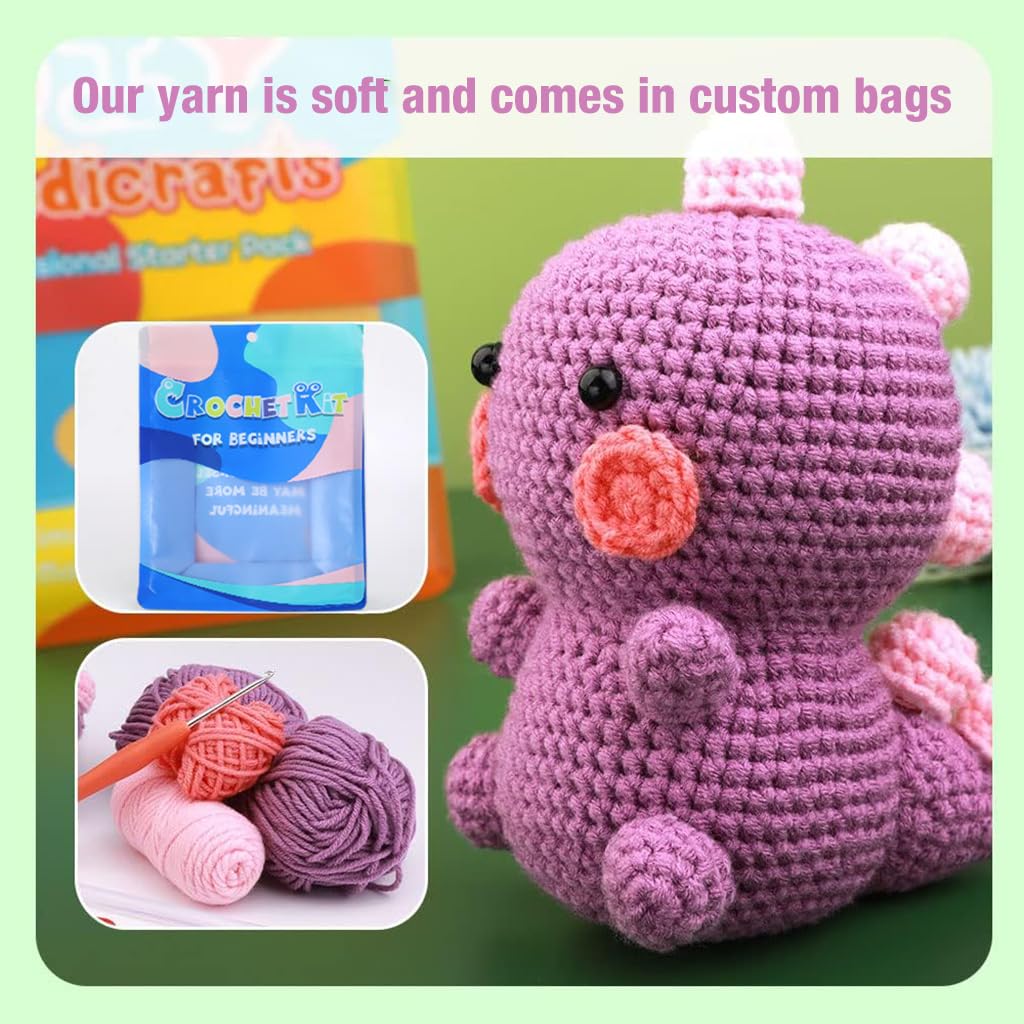 PATPAT Crochet Stuffed Animal Kit Crochet Kit for Beginners DIY Knitting Kit Full Set Crochet Starter Kit with Yarn, Polyester Fiber, Crochet Hooks, Tutorial Video, Kids Friends Gifts (Dinosaur)