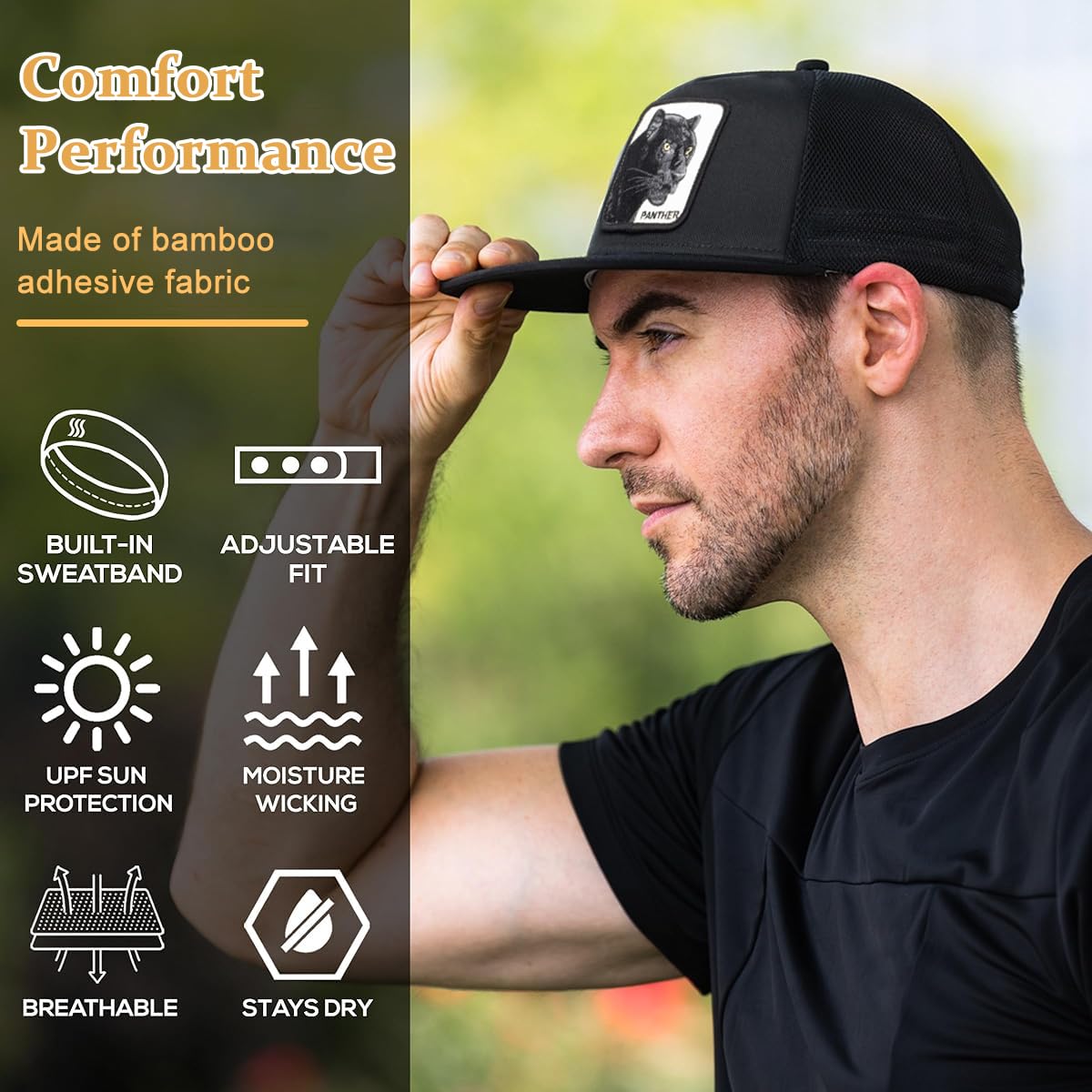 GUSTAVE Sport Baseball Cap, Breathable Men's Cap Fashion Hat Ultra Lightweight Wide Brim Cap Cricket Caps Running Cap Fashion Hip-hop Hat for Game Lover Black