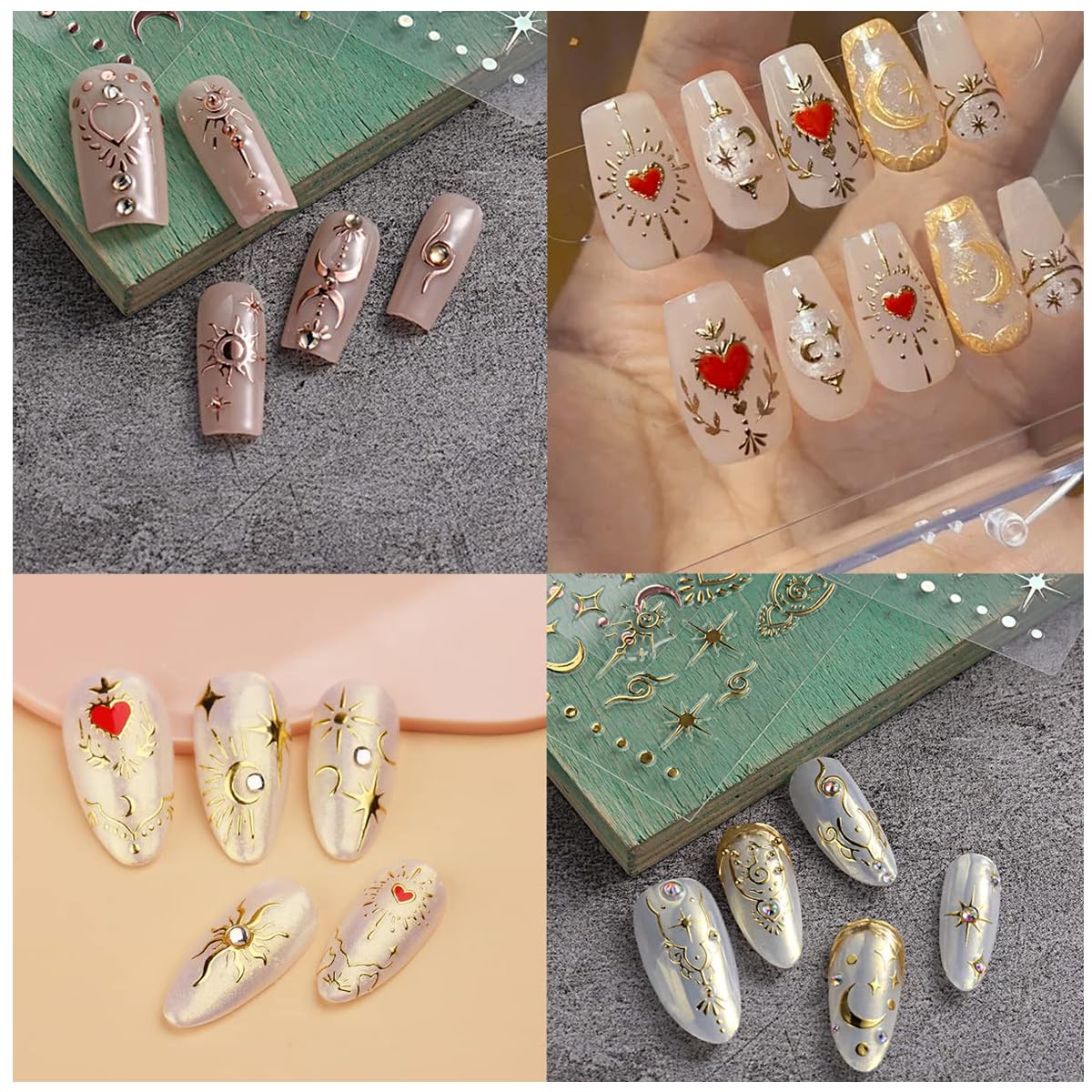 MAYCREATE 9 Sheet 3D Nail Art Decal Charm Stickers Self-Adhesive Embossed Crescent Sun Nail Art Stickers Decals Extension Nail Decal Stickers Nail Art Design Decoration