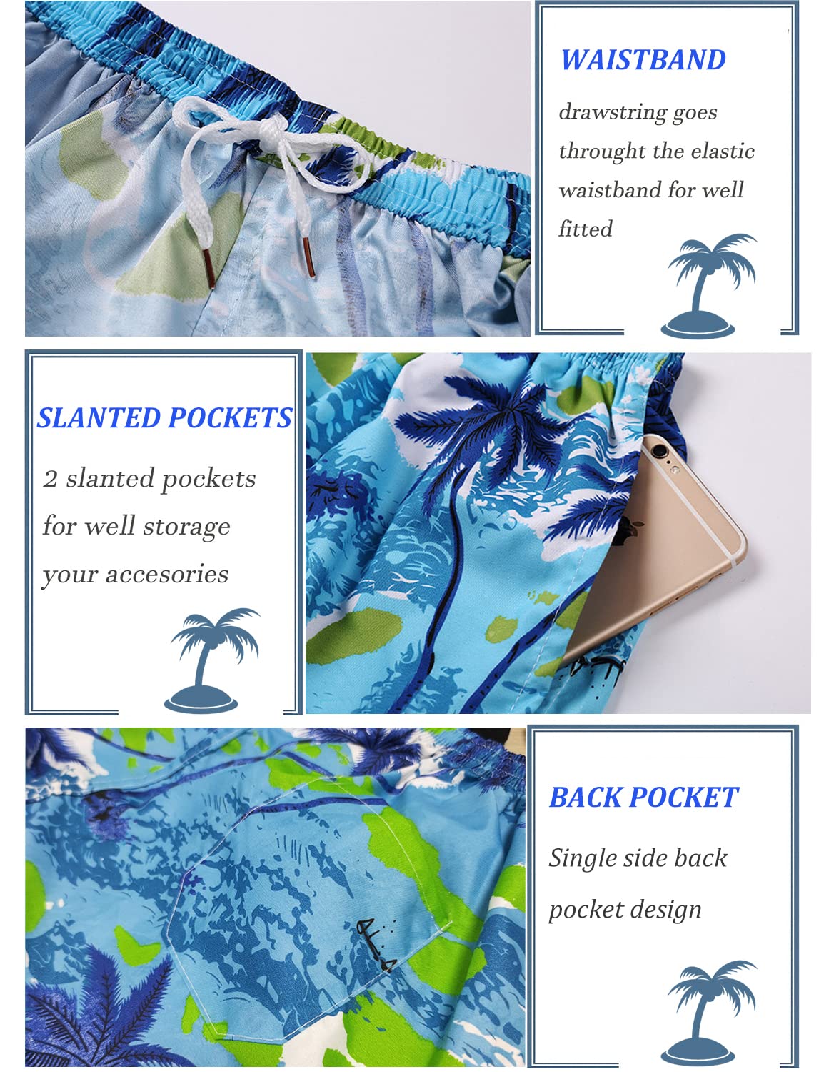 GUSTAVE Swimming Trunk for Men Beach Board Shorts Swimwear, Quick Dry Bathing Suits Holiday Shorts, Coconut Tree Print Men's Swim Trunks - Elastic Drawstring Closure Blue