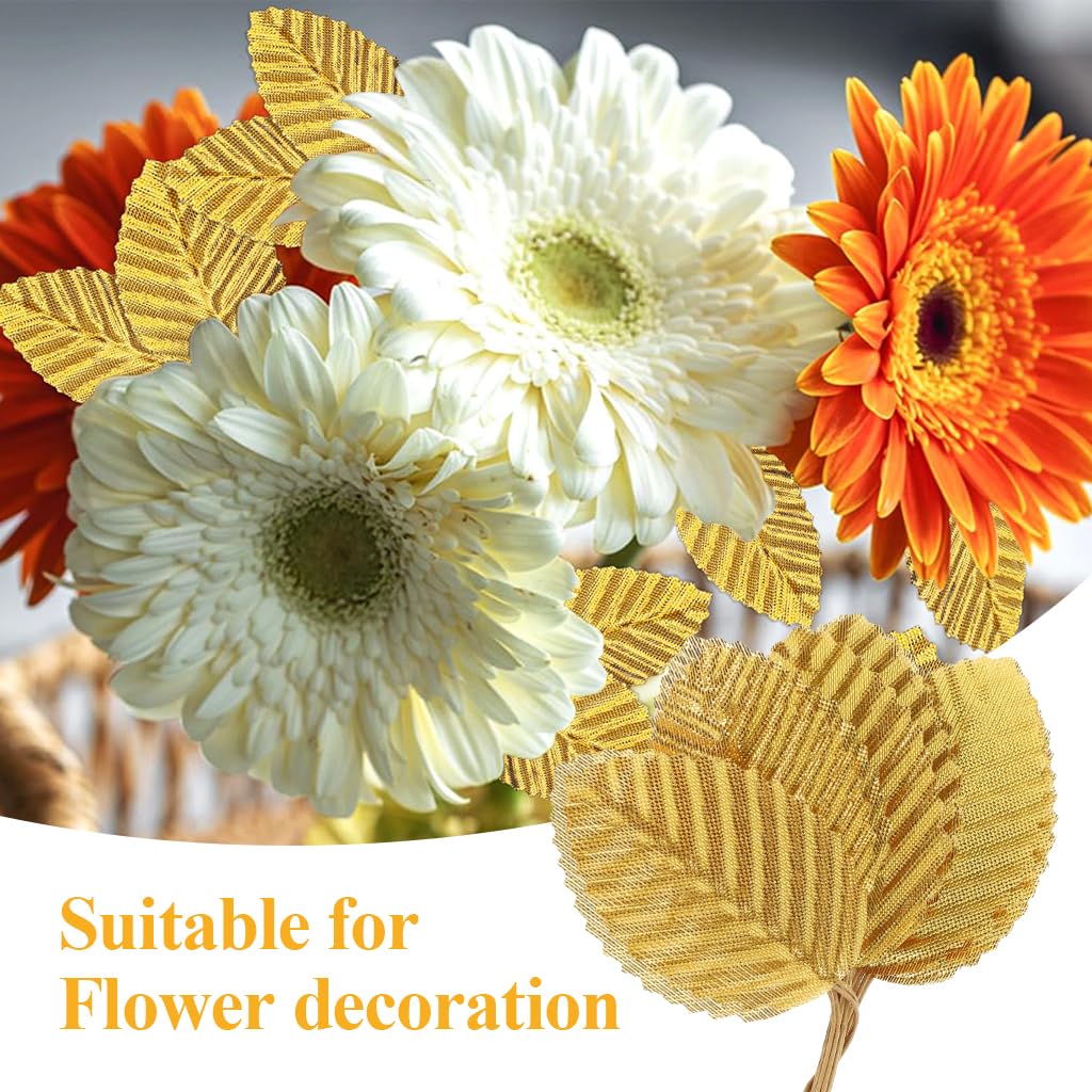 HASTHIP 200Pcs Golden Leaves for Decoration 1.96 inches Fabric Golden Leaves with Flexible Stem, Embossed Golden Leaves Craft Decorative Golden Leaves for DIY Handcrafts, Scrapbooking, Album Decor