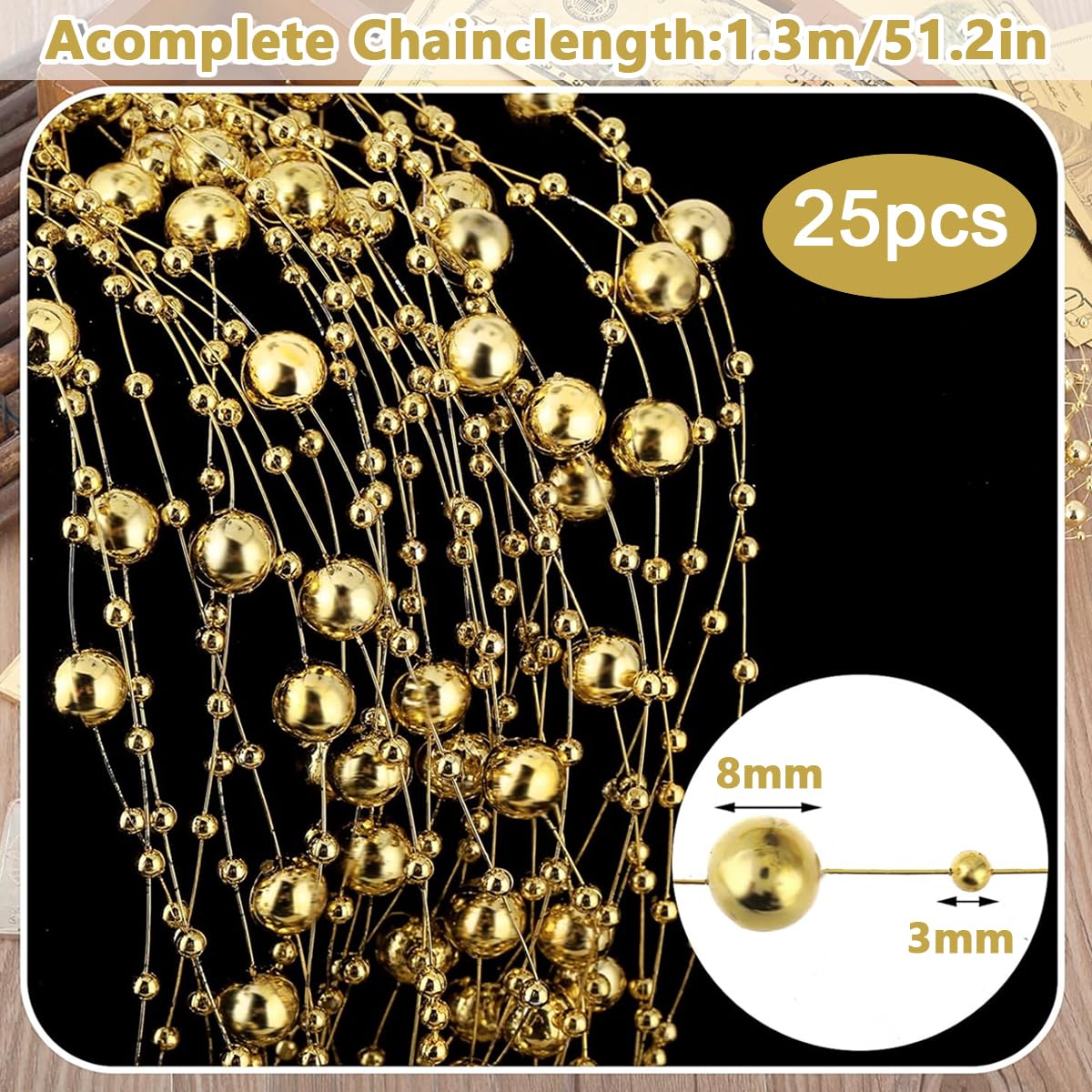 HASTHIP 25Pcs Pearl String for Floating Candles Centerpiece, Faux Pearl Beads Vase Filler for Wedding Table Décor, Gold