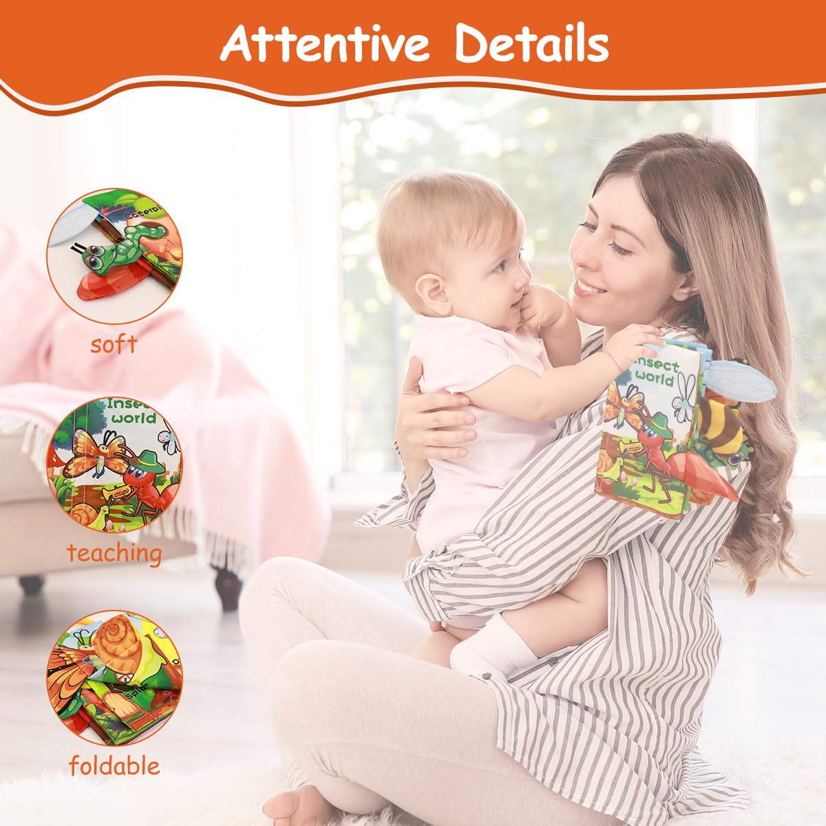 PATPAT 6 Pages Cloth Book for Babies, 3D Cartoon Insect Crinkle Books for Babies 6-12 Month Old Soft Cloth Books, Sensory Toys Book, Early Development Toys Baby Cloth Book for Toddler 3-18 Months