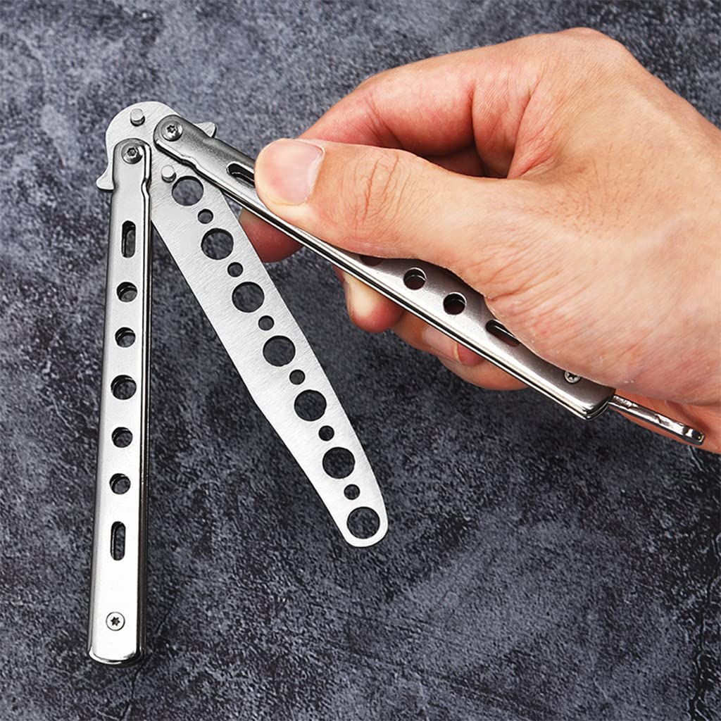 Optifit Butterfly Knives Trainer for Car Tyre Cleaning and Window Breaking with Carring Bag, Stainless Steel Multi Tool with Hook Tip Remove Stucked Stone, Balisong Trainer with Unsharpened Blade