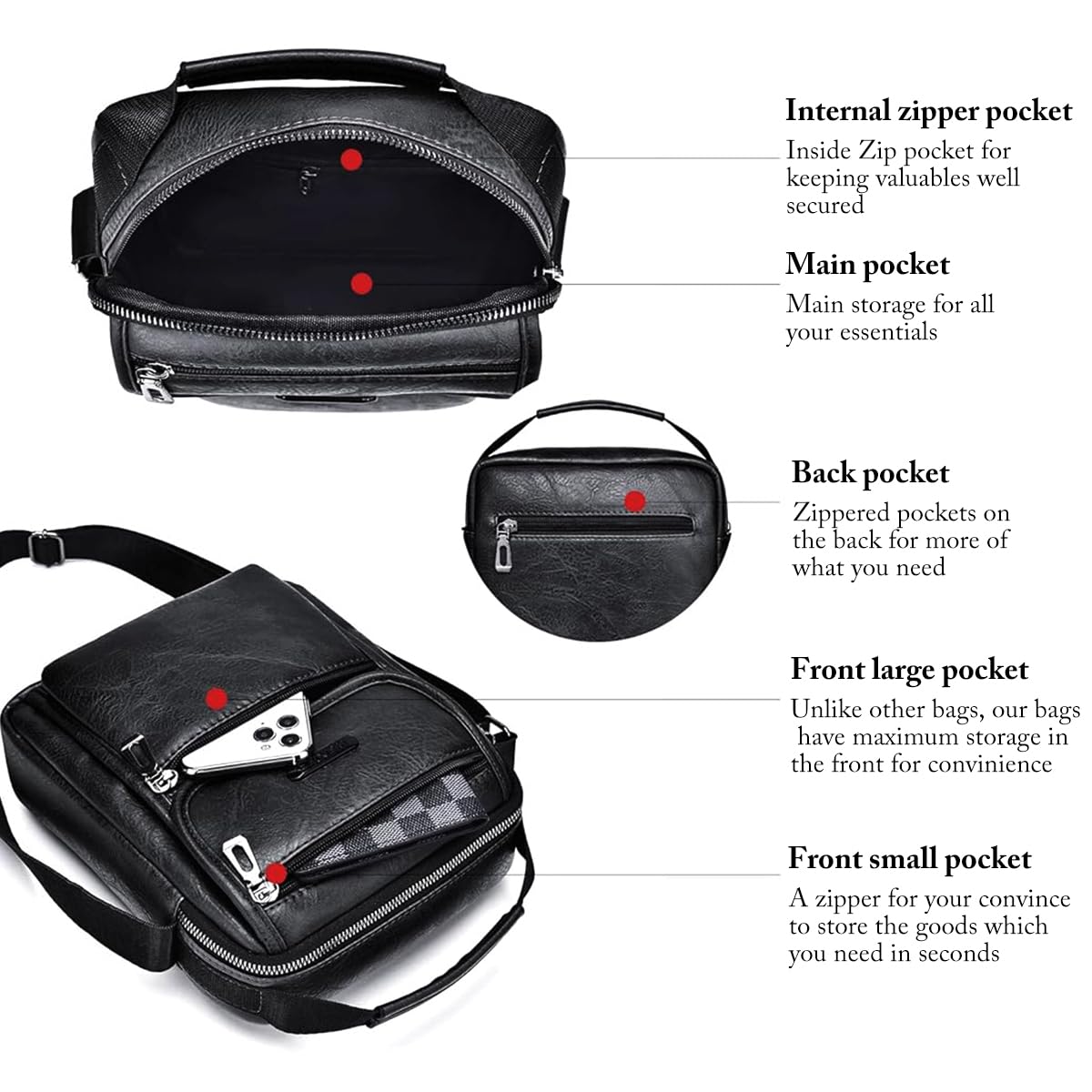 GUSTAVE Men's Shoulder Bag PU Leather Messenger Bag Business Crossbody Manbag Casual Handbags Side Satchel Travel Flight Sport Bags for Men Working Shopping Travel Daily (23cm x 20cm x 7cm, Black)