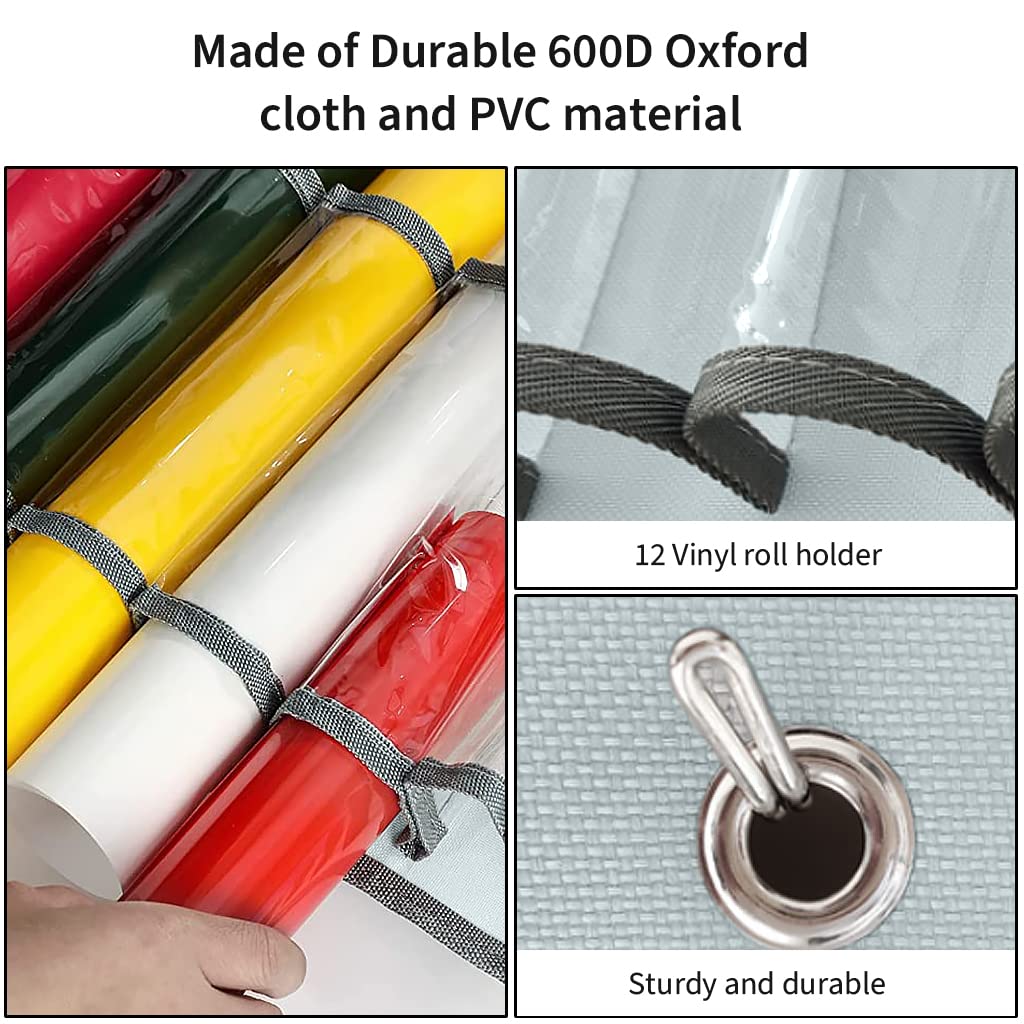 HASTHIP Vinyl Roll Holder with 12 Compartments Wall Hanging, 2 Hooks and 1 Hanging Strap, Clear Vinyl Organizers Holder Wall Mount for Home Craft Closet Wall Door, 67cmX22cm (Grey)